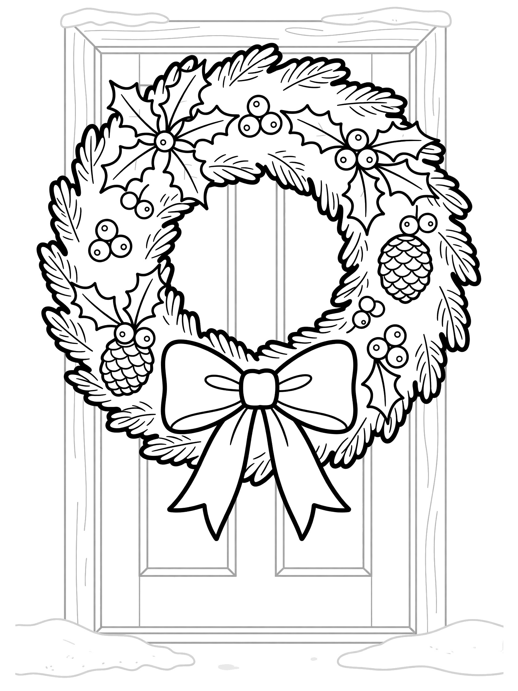 Black and white line art coloring page showing a large evergreen wreath adorned with holly leaves, red berry clusters, pinecones and floppy bow on a simple wooden front door with doorstep snow.