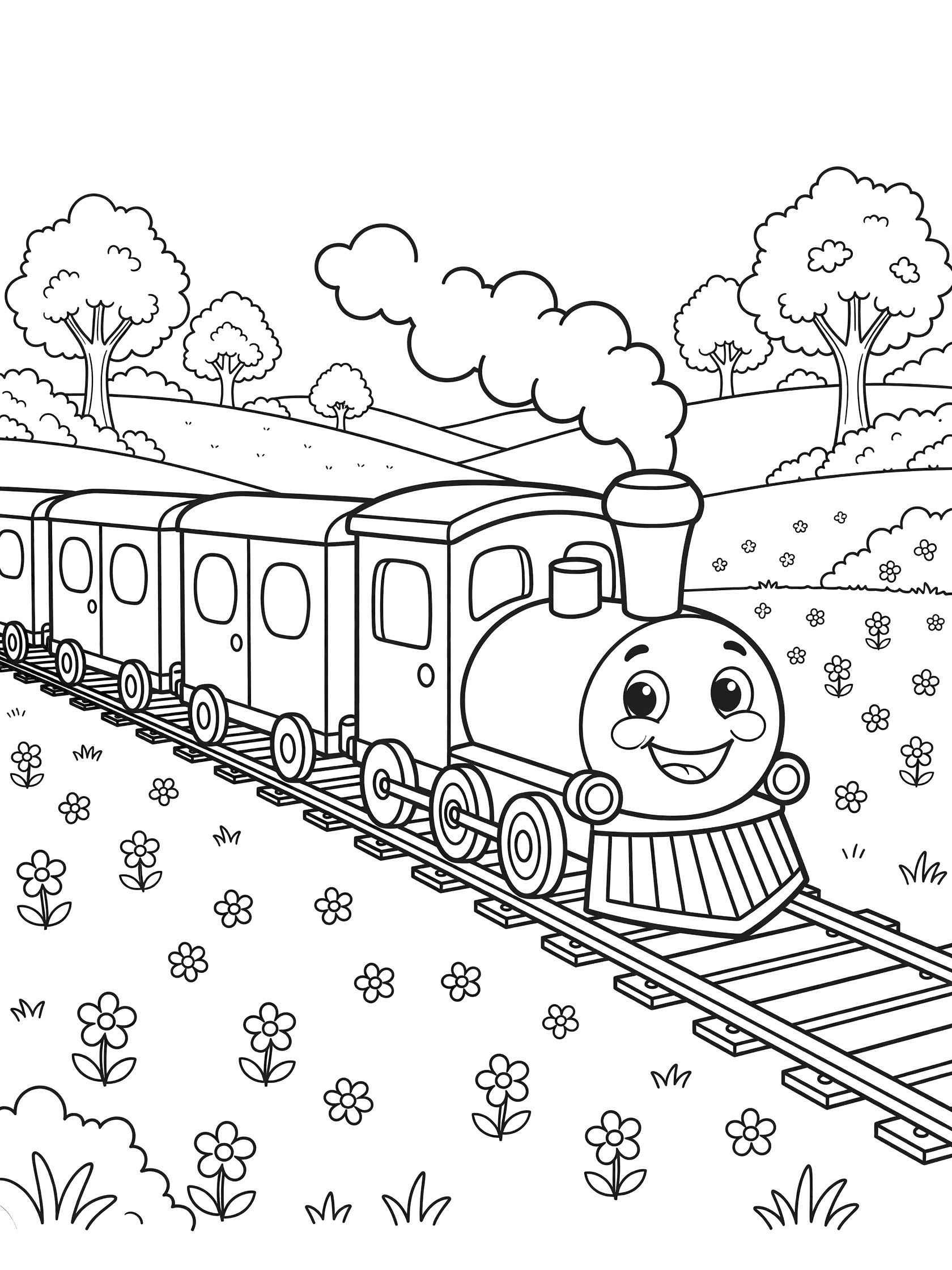 Black and white line art of a smiling steam locomotive pulling passenger cars on tracks through a field with trees, flowers, and grass. Passenger Trains themed black and white printable line art