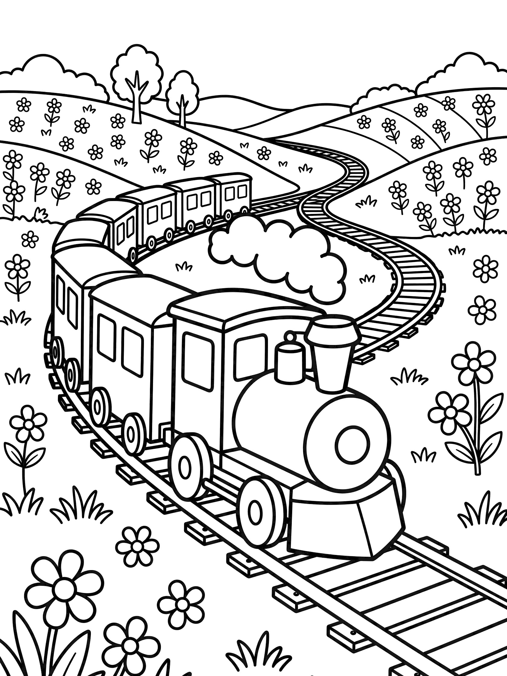 Black and white coloring page of a steam train pulling passenger cars on curvy tracks in a sunny countryside with hills, flowers, grass, and trees.
