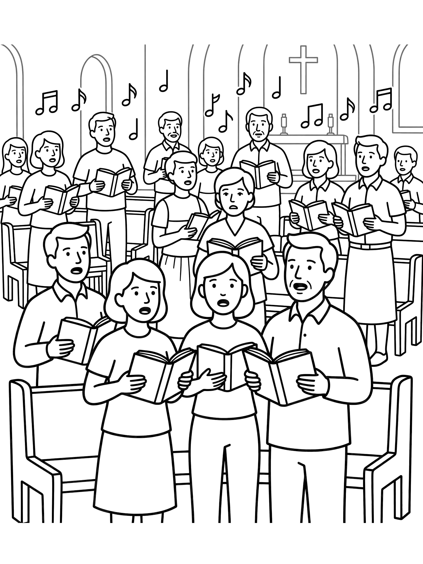 Black and white line art coloring page showing families and choir members standing in church pews, holding open hymn books, singing with musical notes floating around, cross on wall, arched windows. Easter Sunday Mass themed black and white printable line art
