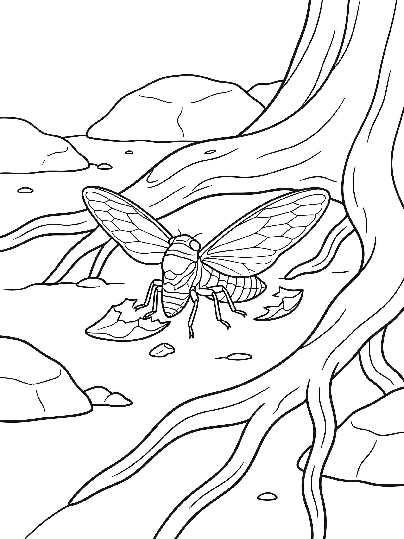 Black and white line art coloring page showing a cicada emerging from its cracked nymph shell on the ground near tree roots, rocks, and a tree trunk.