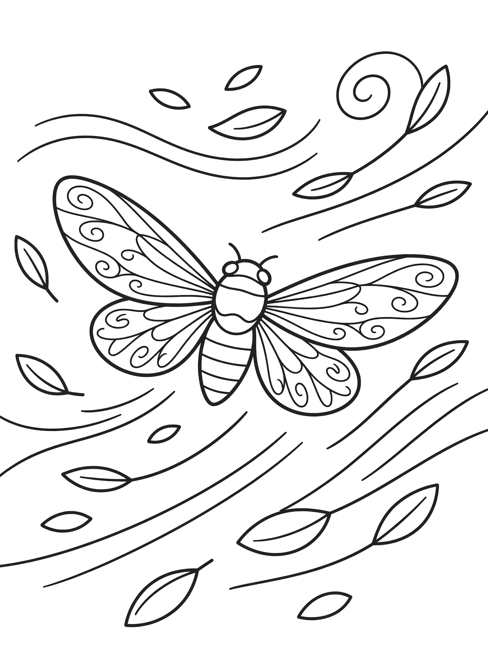 Black and white line art coloring page showing a cicada with wide patterned wings flying amid swirling wind lines and floating leaves.