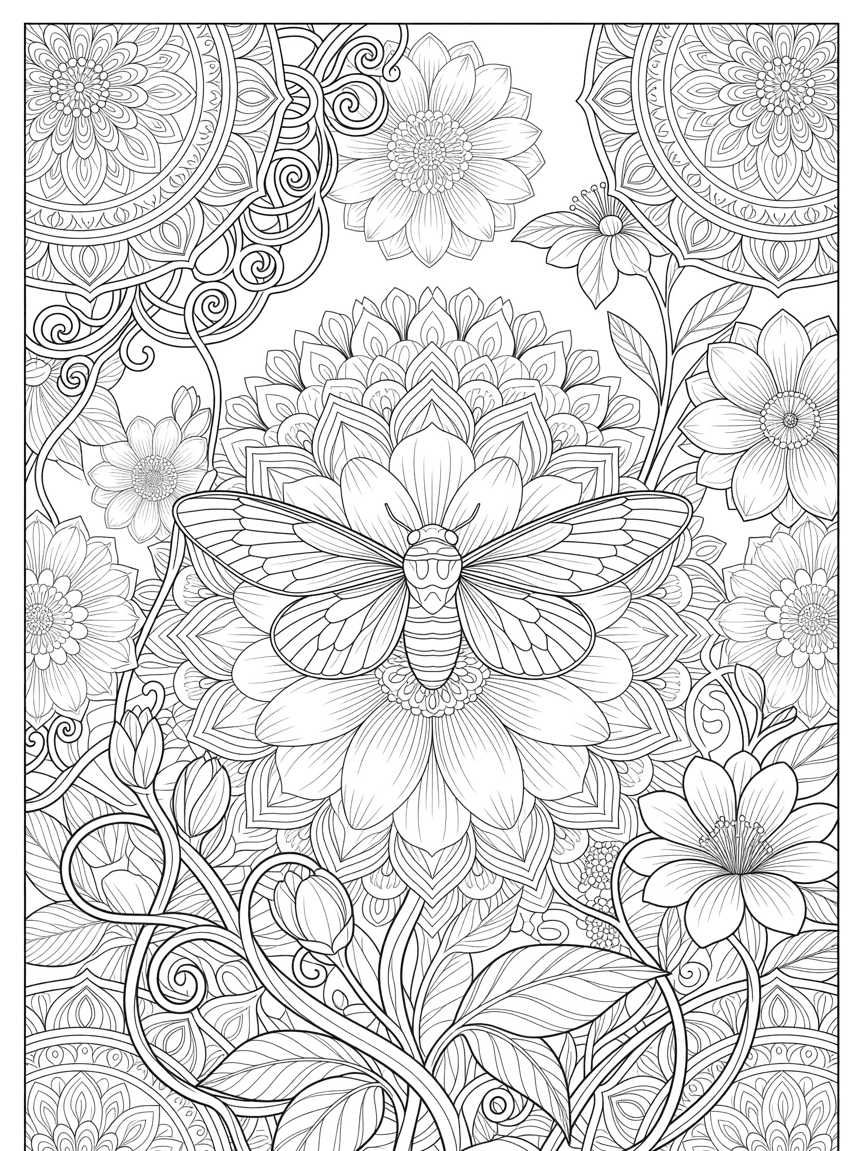 Black and white line art coloring page of a cicada with spread wings on a flower, surrounded by mandala patterns of vines, leaves, petals, stems, and buds in a garden scene.