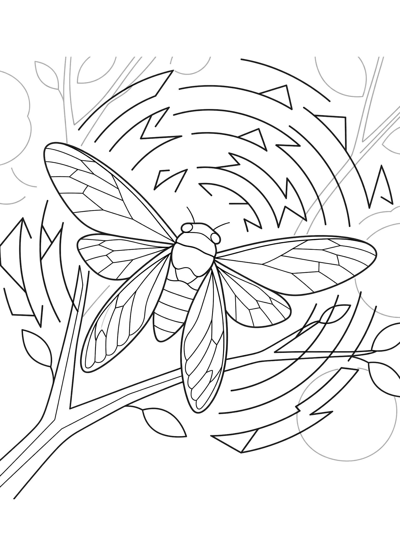 Black and white line art of a cicada sitting on a tree branch with geometric sound waves coming from its body.