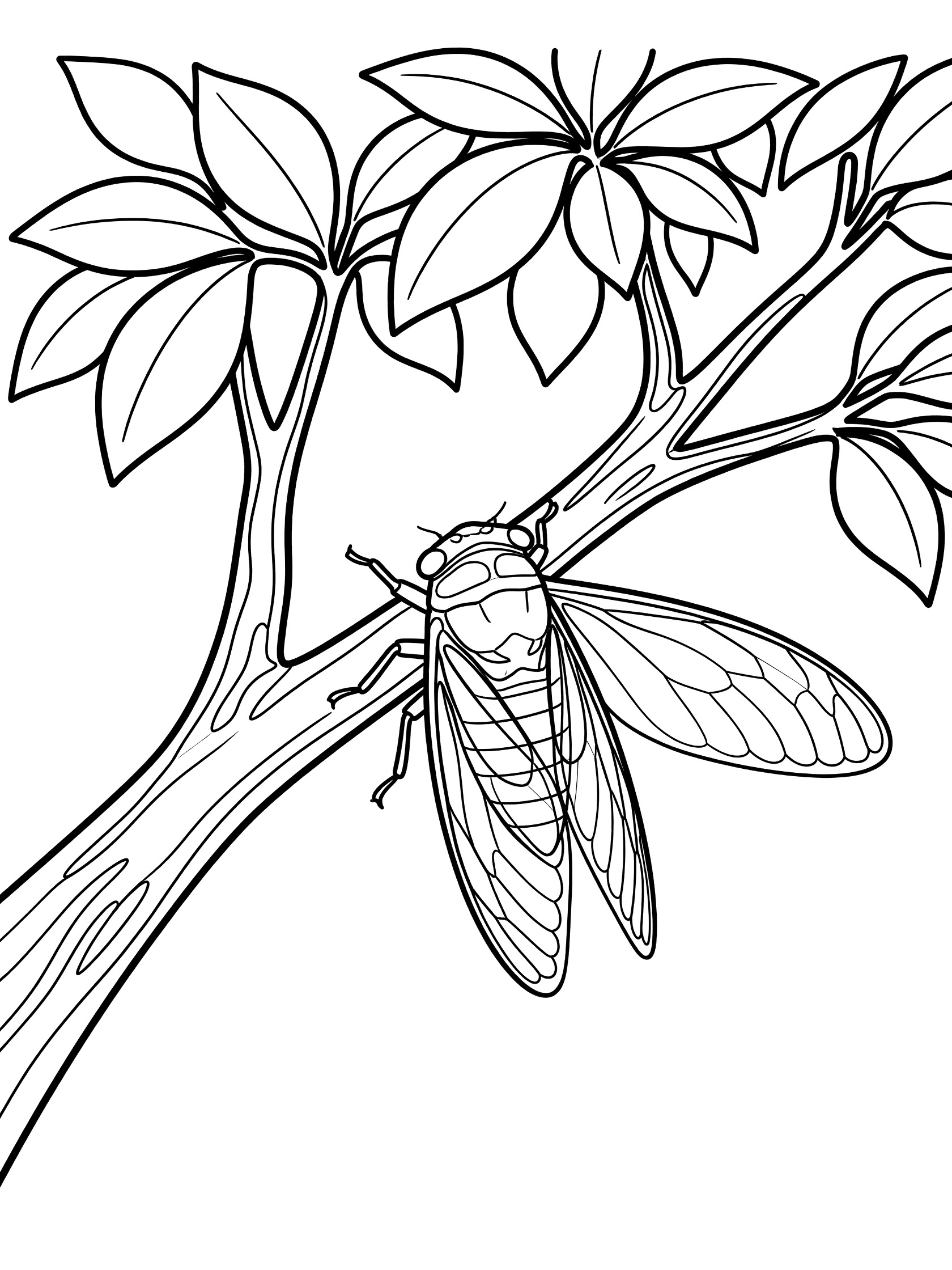 Black and white coloring page of a cicada on a tree branch with textured bark and leaves above