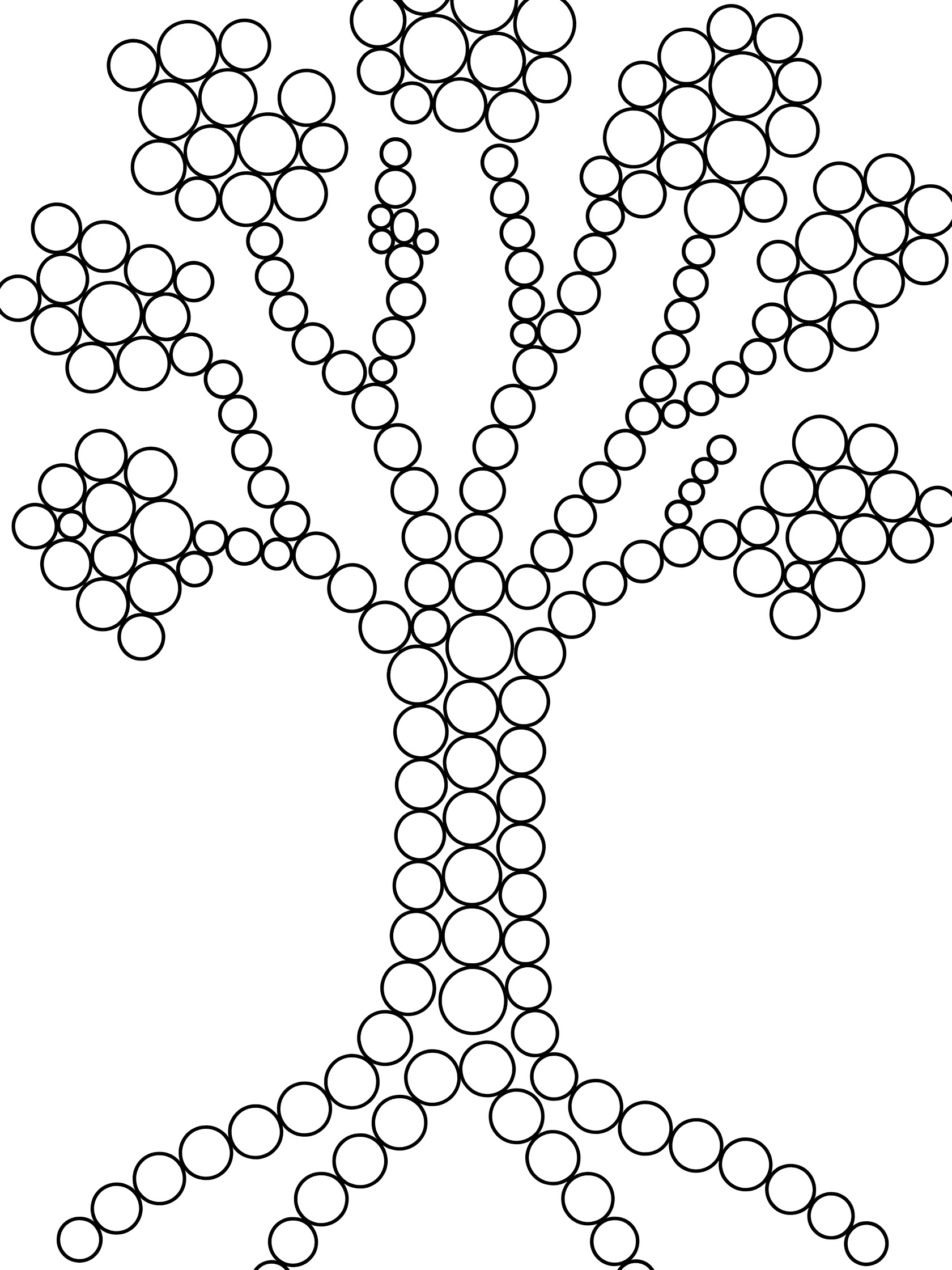 Black and white line art coloring page of a tree with trunk, branches, circle clusters for leaves and roots, all in repeating dot patterns. Tipple themed black and white printable line art