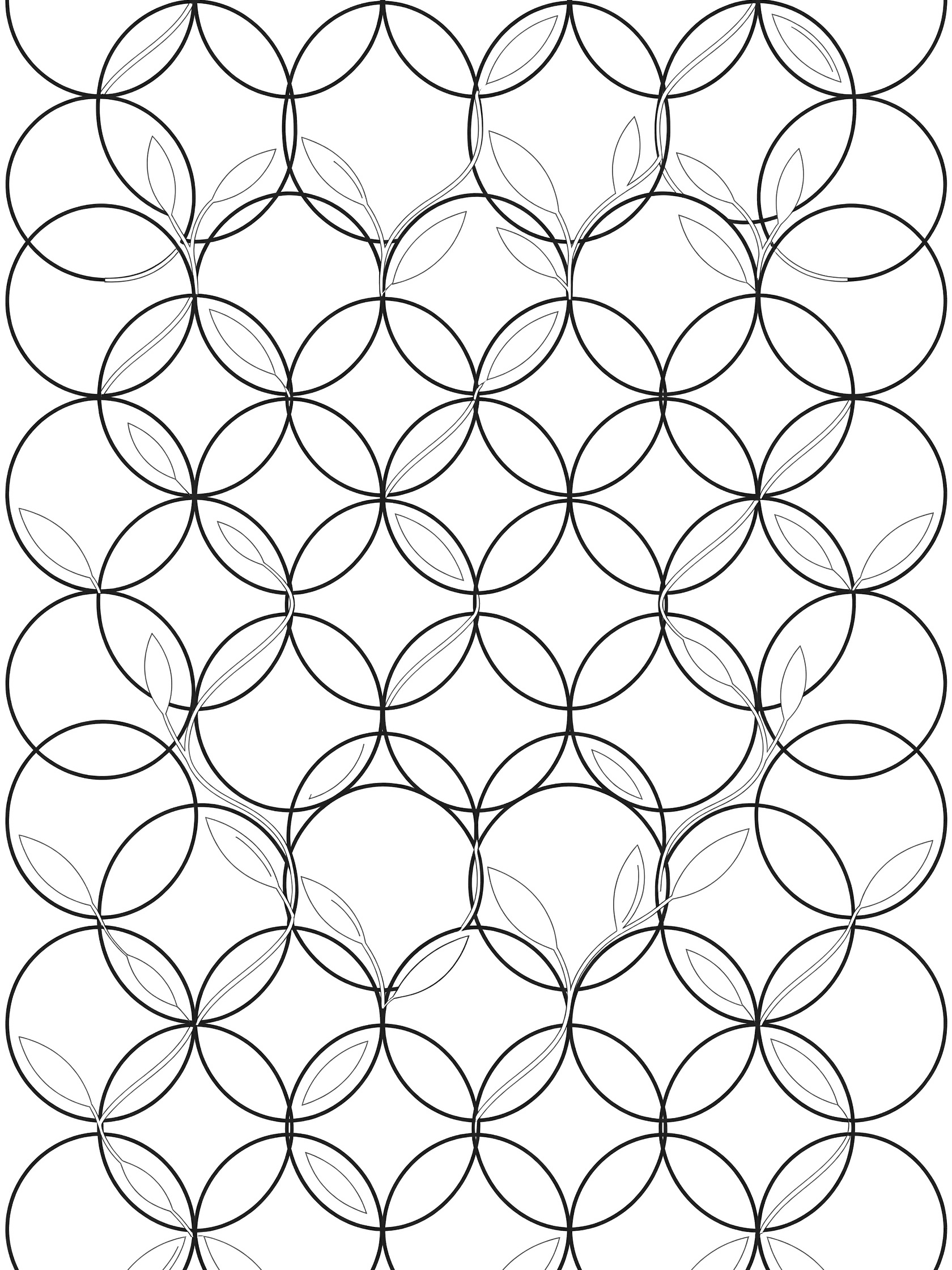 Circle grid coloring page with large overlapping circles and subtle leaf, petal, and vine outlines in a precise geometric pattern.