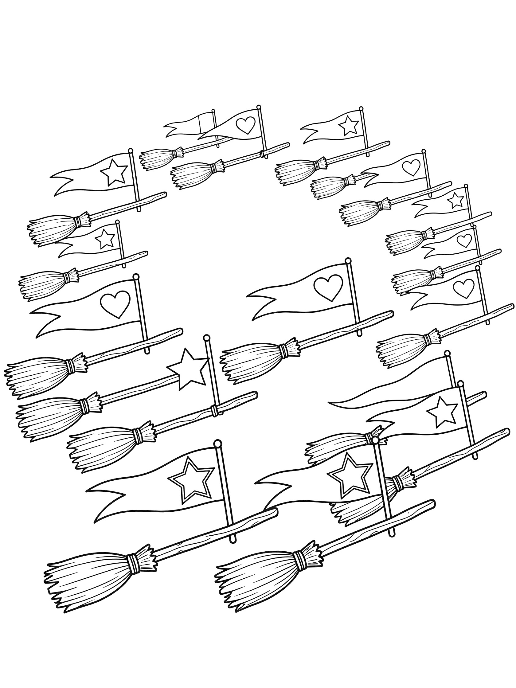 Black and white line art coloring page showing a circle of broomsticks with flags, stars and hearts, arranged in a joyful parade.