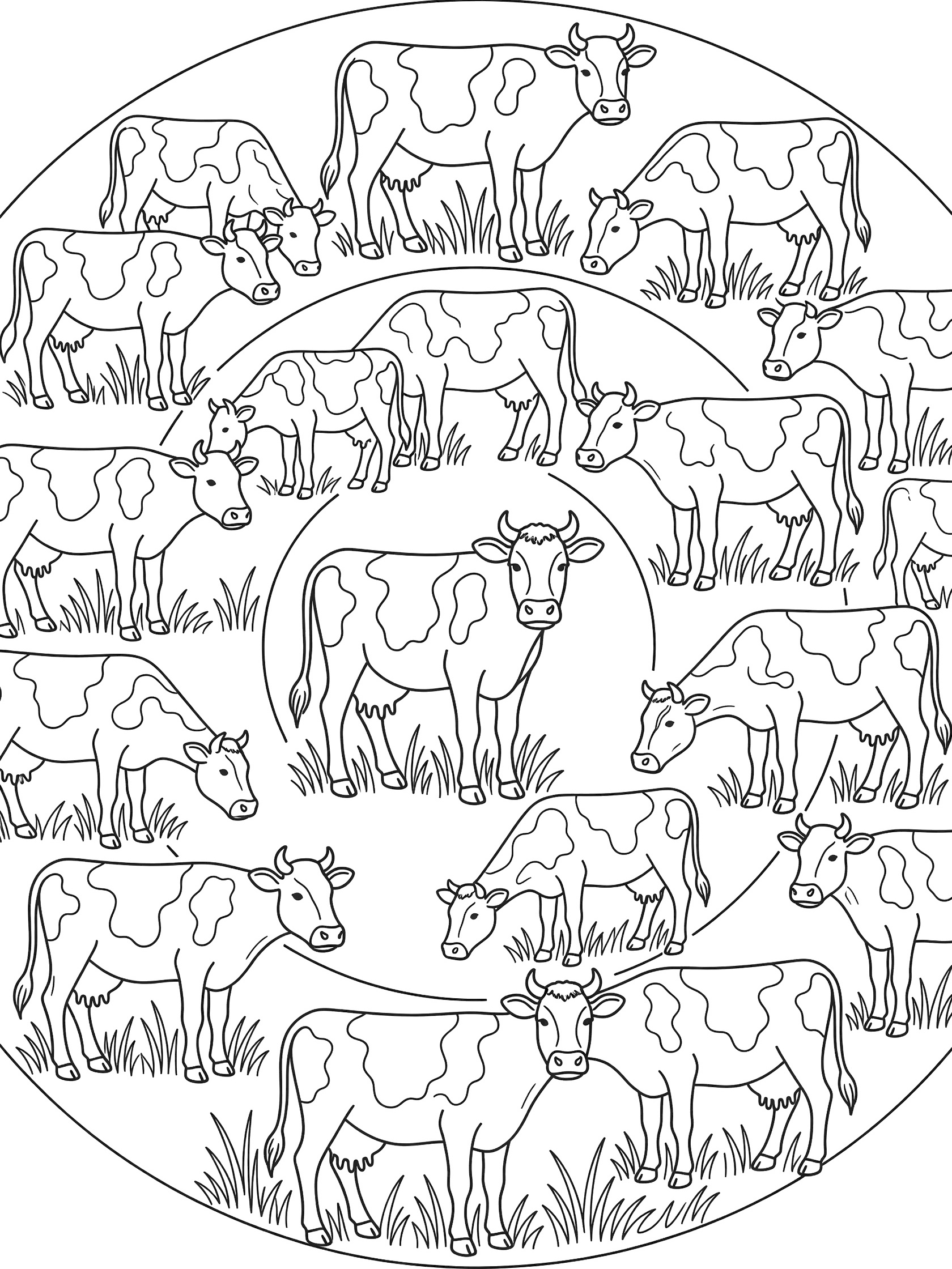 Black and white coloring page showing a circle pattern of stylized cows standing on grass.