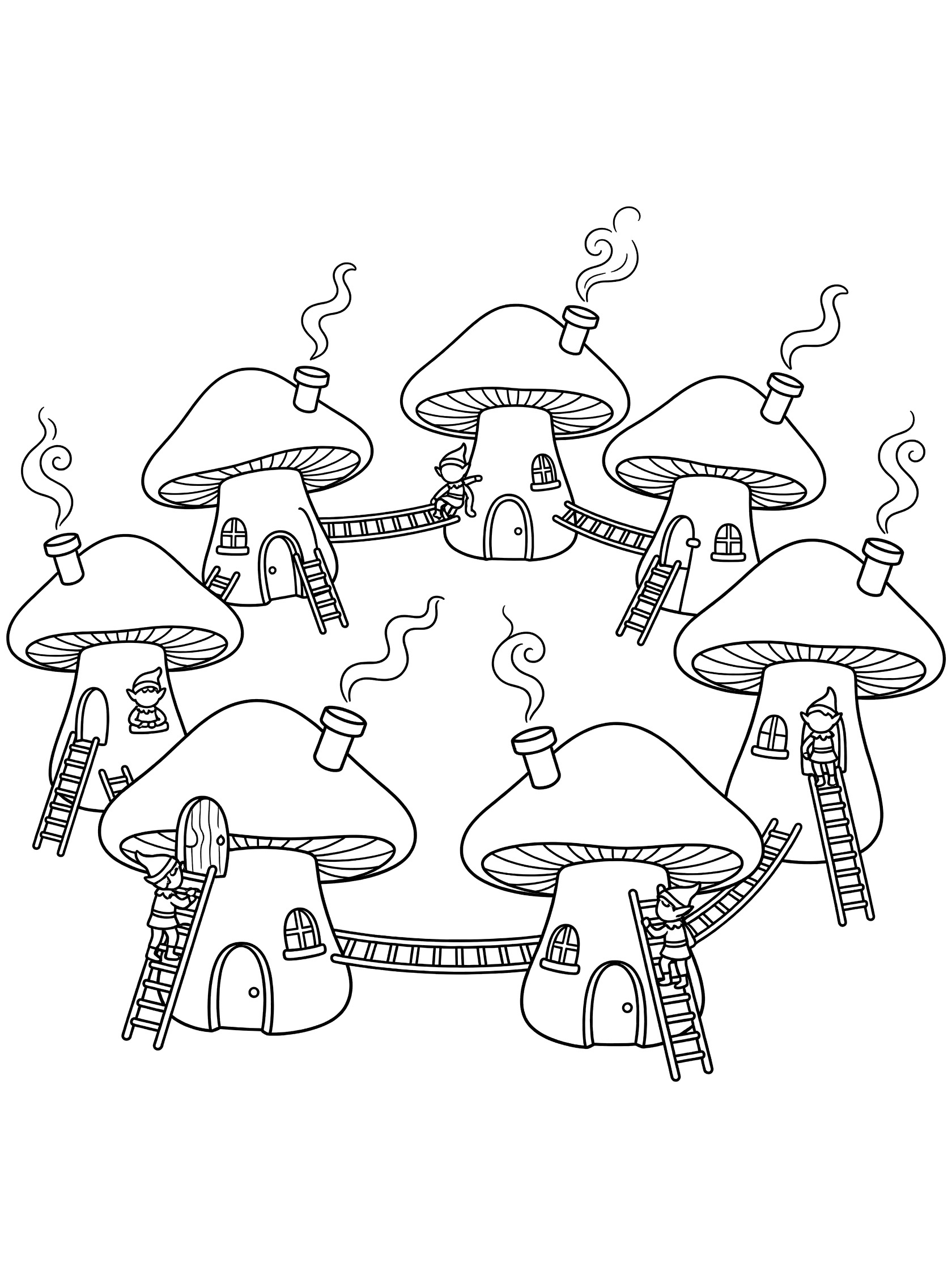 Black and white line art coloring page showing six large mushroom houses arranged in a circle, connected by ladders and walkways, with curly smoke from chimneys, doors, and windows. Elves themed black and white printable line art