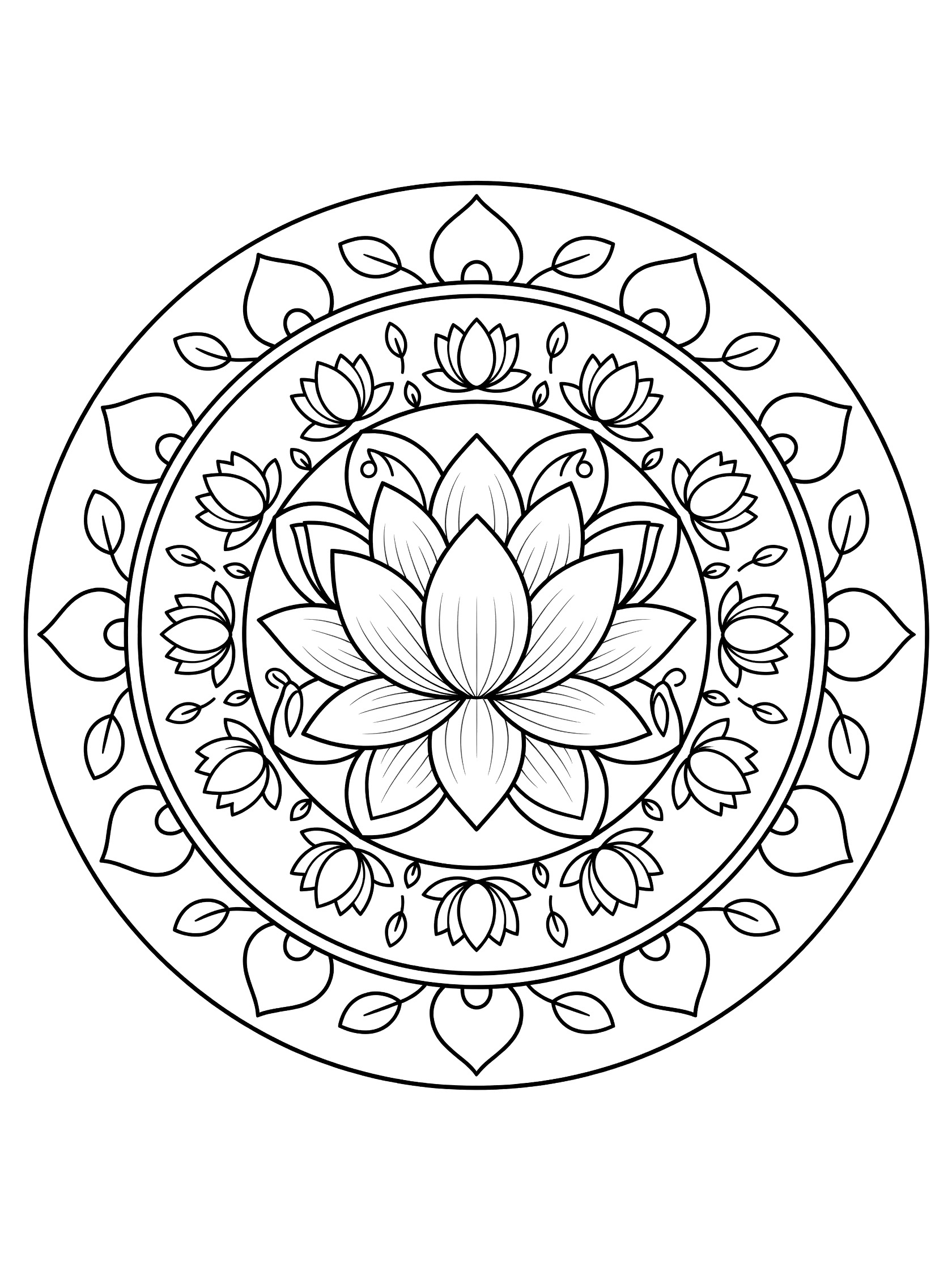 Simple circular lotus mandala coloring page featuring a central blooming lotus flower surrounded by buds, vines, and leaves in clean black outlines.