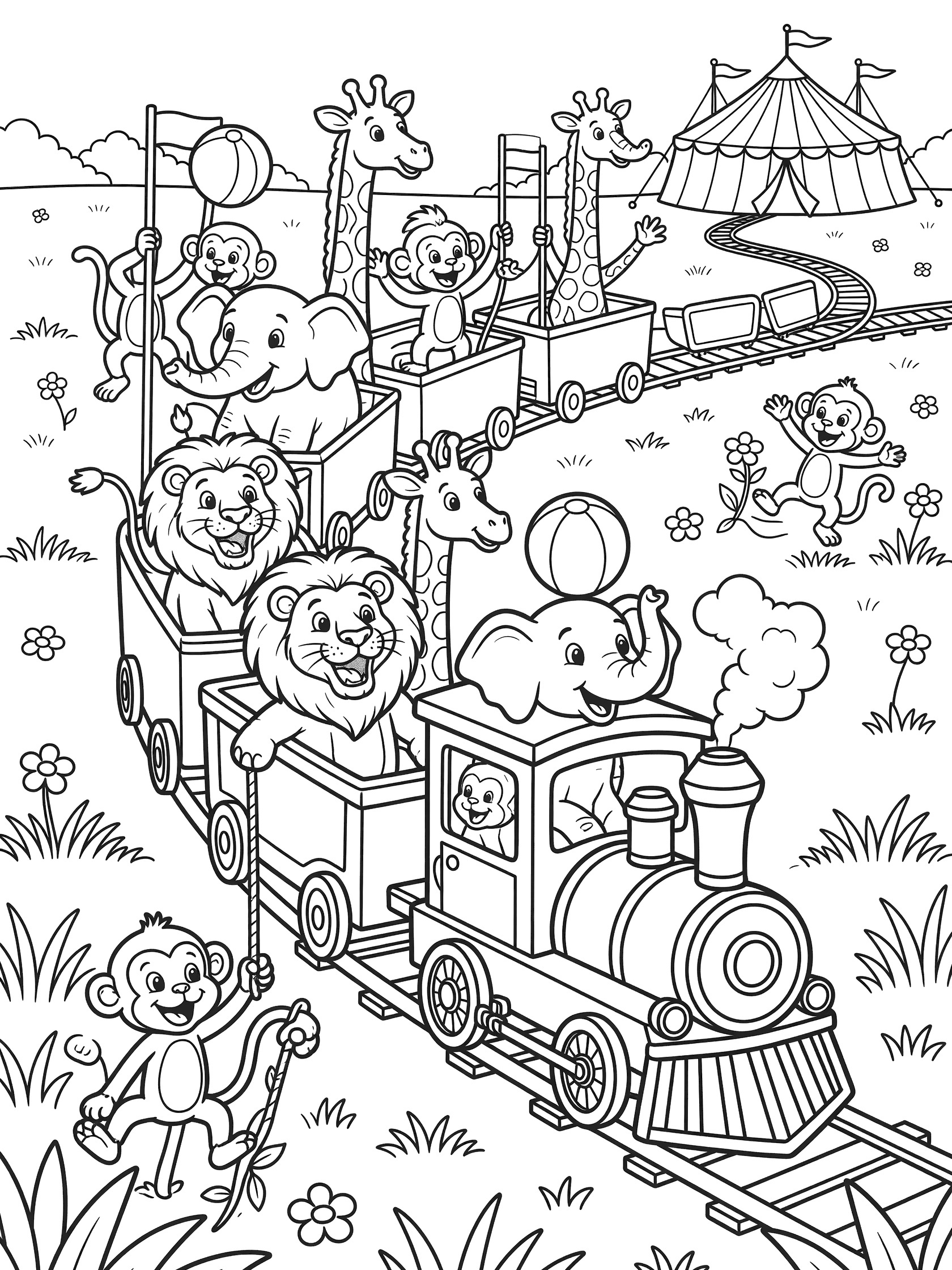Black and white line art of a circus train on curved tracks in a sunny meadow, loaded with friendly animals like elephants balancing balls, playful lions, swinging monkeys, and giraffes stretching necks out windows, with circus tent in background.