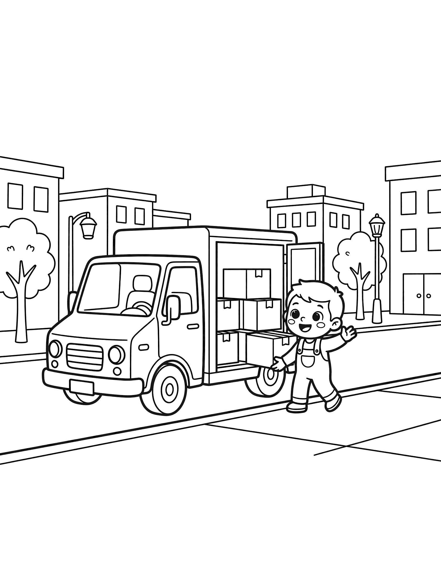 Cute cartoon delivery truck on city street with back doors open, driver unloading boxes onto sidewalk, simple buildings, trees, and lamps in black-and-white line art.