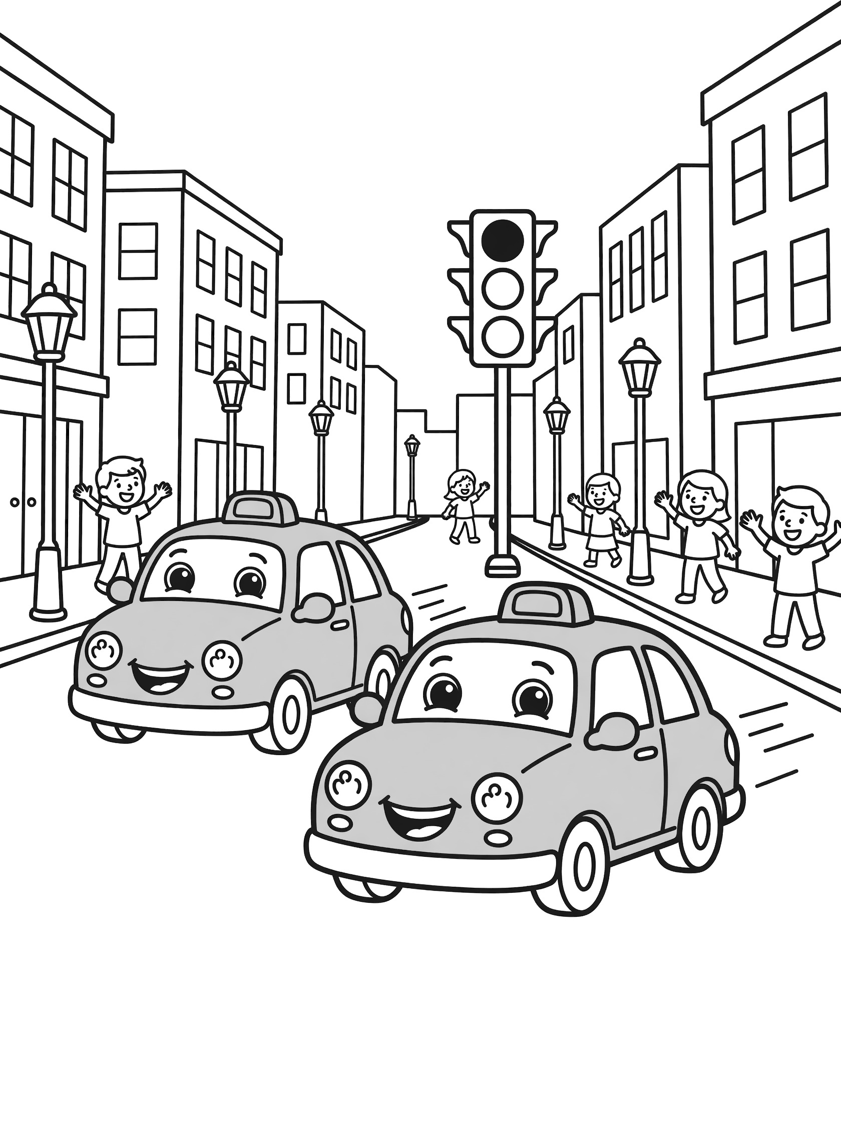 Cute cartoon line art coloring page showing two cheerful taxis with big smiles driving on a city street past tall buildings, red traffic light, lamps and happy waving pedestrians.