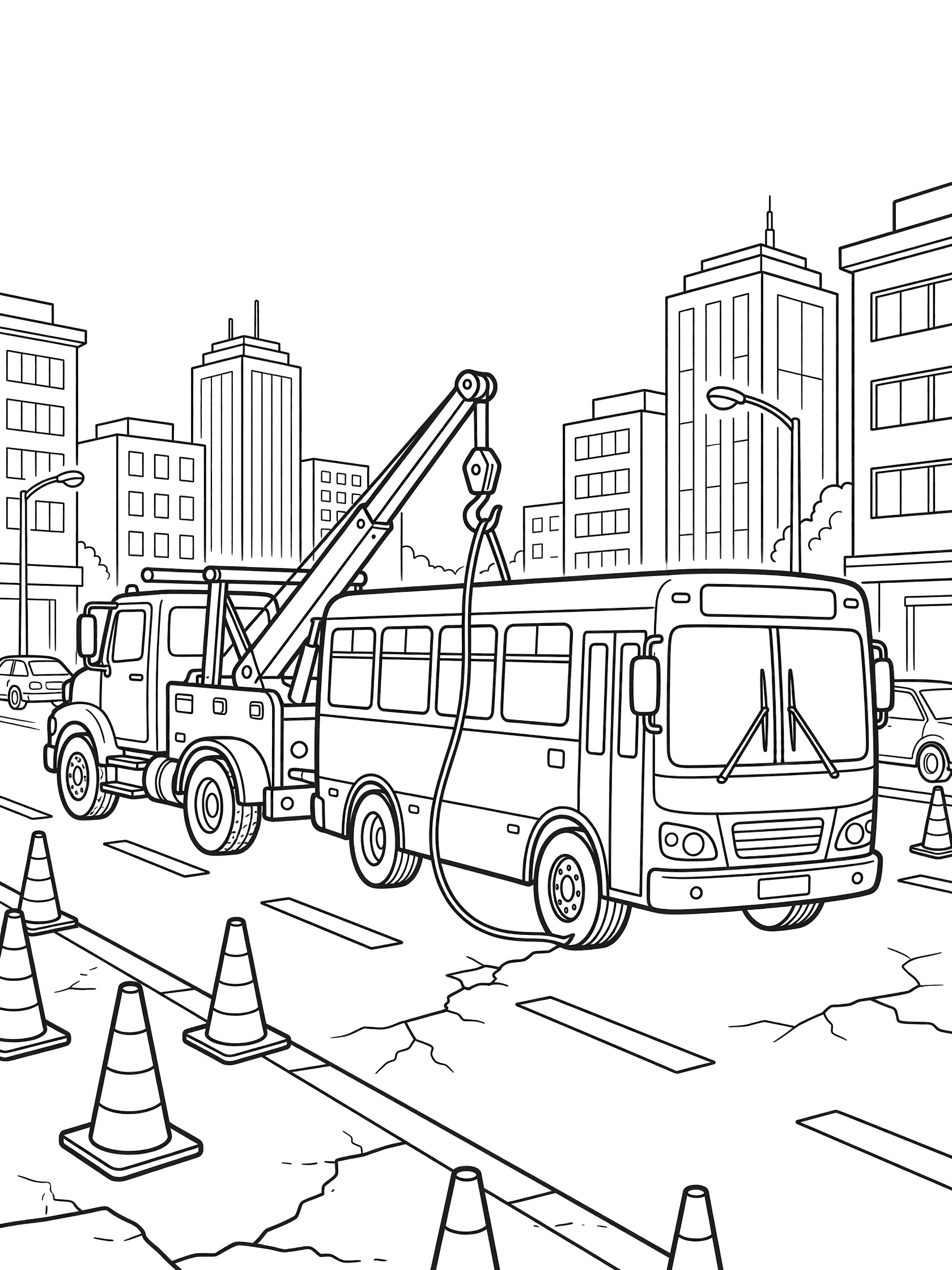 Black and white line art of a tow truck hooked to a stranded city bus, towing it past skyscrapers, street lamps, parked cars, and traffic cones on a cracked road.