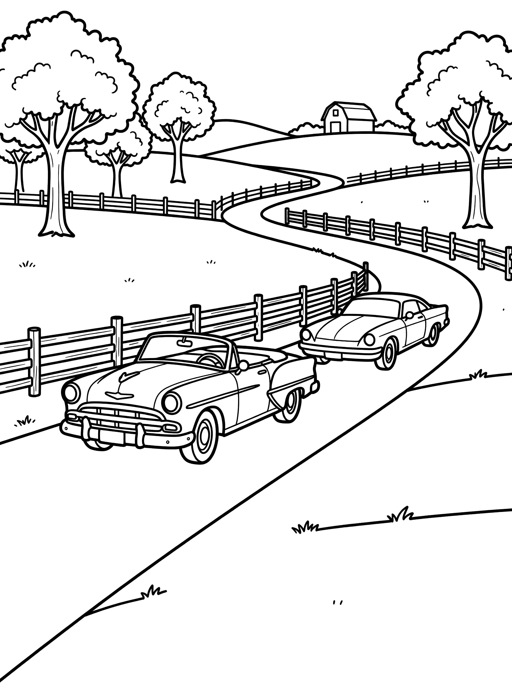Printable coloring page showing two classic cars, a convertible and a coupe, speeding along a curvy country road with split-rail fence, oak trees, green fields, rolling hills and red barn.