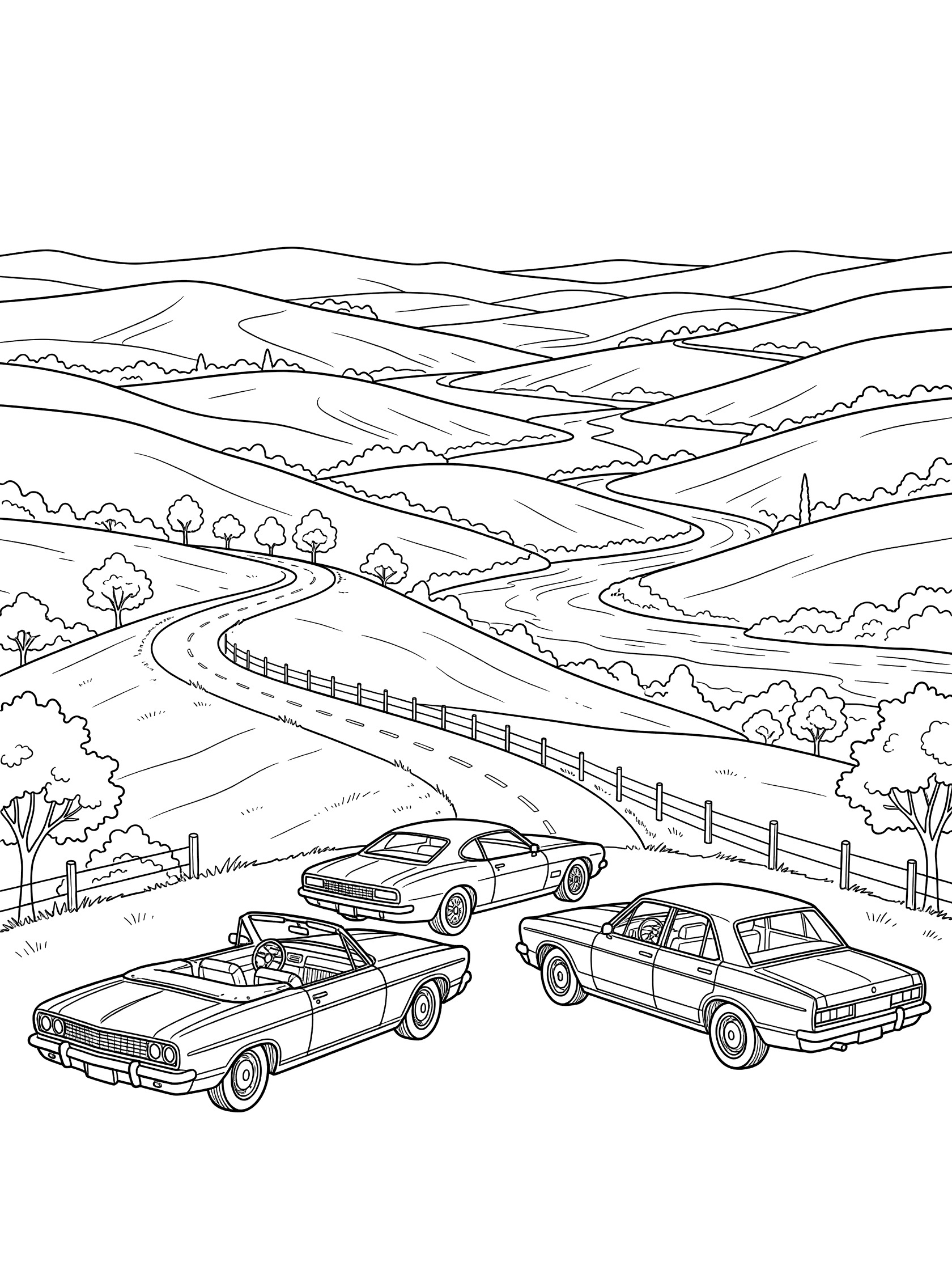Black and white line art coloring page of three classic cars on a hilltop overlook, facing a scenic view of curving roads, hills, river, trees, and fences