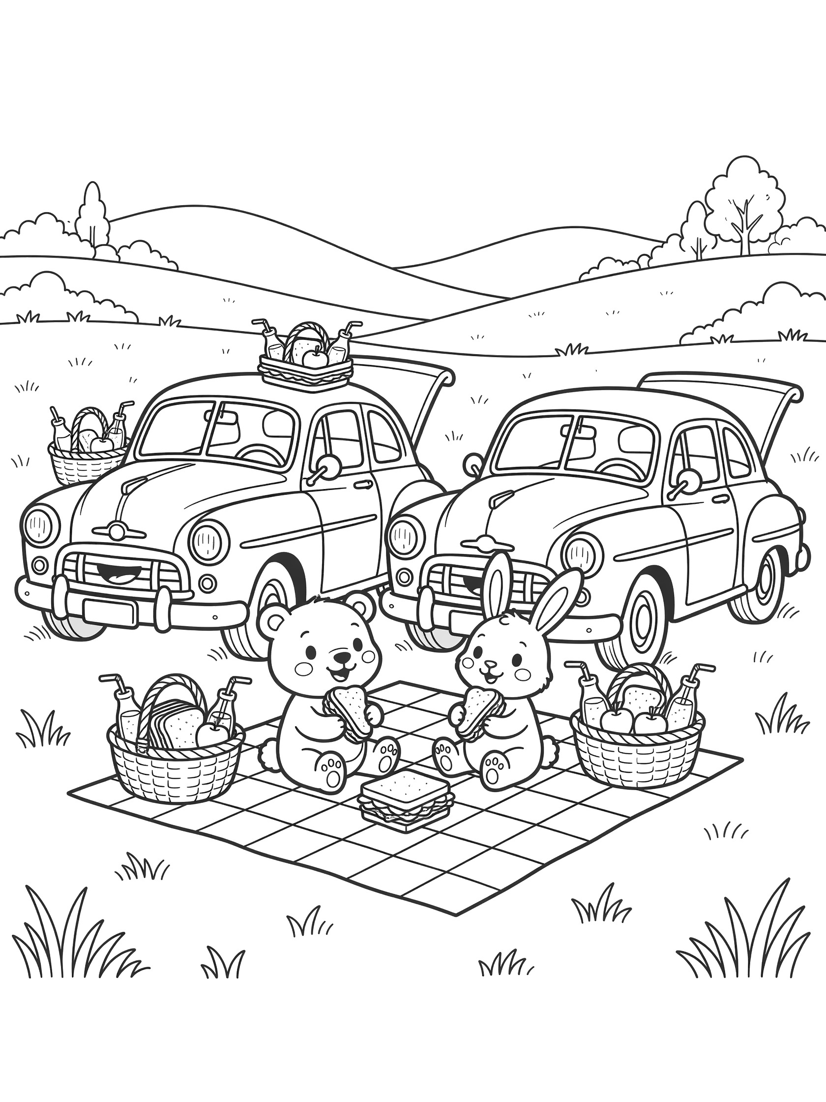 Cartoon coloring page showing two friendly classic cars parked side-by-side on a meadow for a picnic with smiling bear and rabbit eating treats on a checkered blanket