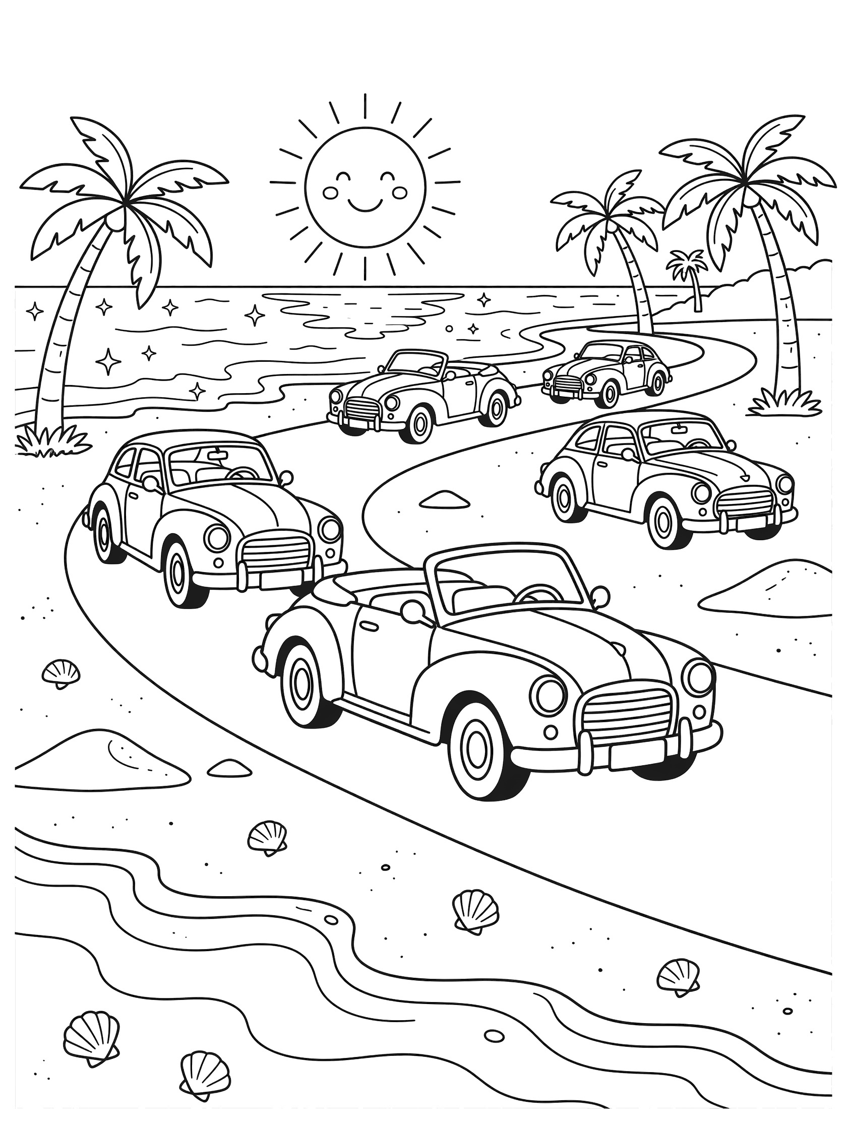 Line art coloring page showing classic cars with rounded fenders driving along a curving beach road, gentle waves, seashells, dunes, sparkling ocean, palm trees, and smiling sun.