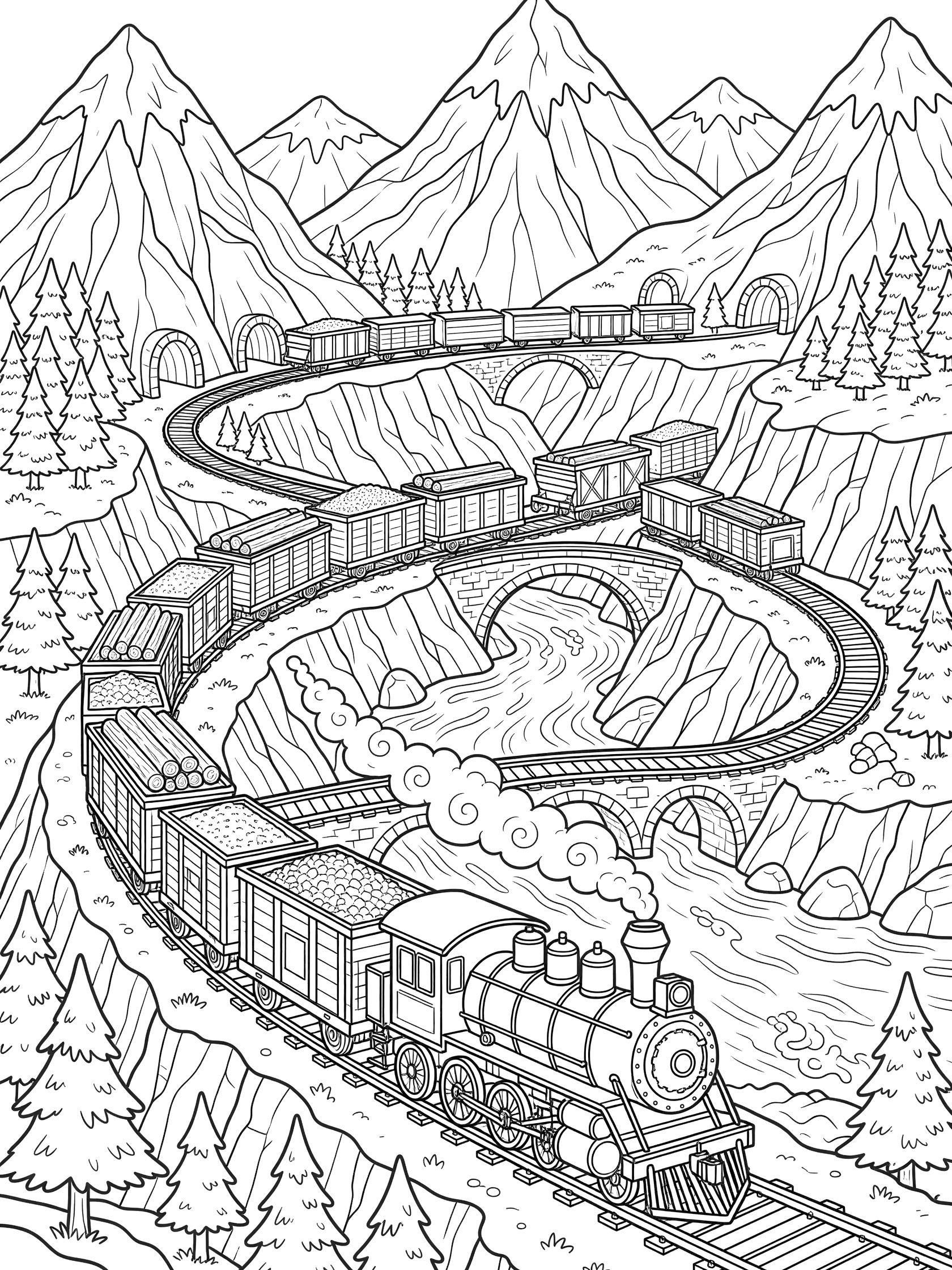 Doodle-style coloring page showing a classic steam freight train pulling cars loaded with logs, crates, and coal along winding tracks through rocky mountains, with a river, bridges, pine trees, and snow-capped peaks.