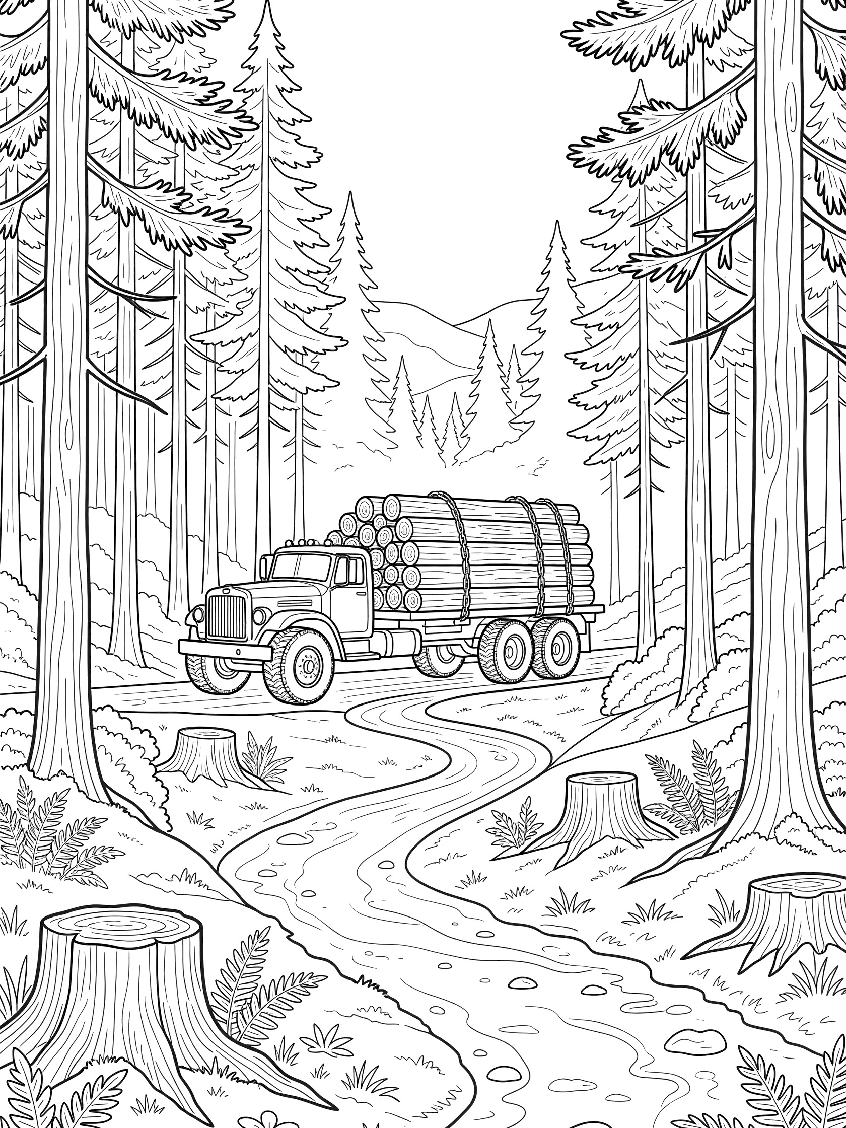 Black-and-white coloring page of a classic logging truck with logs driving on a forest trail surrounded by tall pine trees, ferns, mossy stumps, and misty hills.