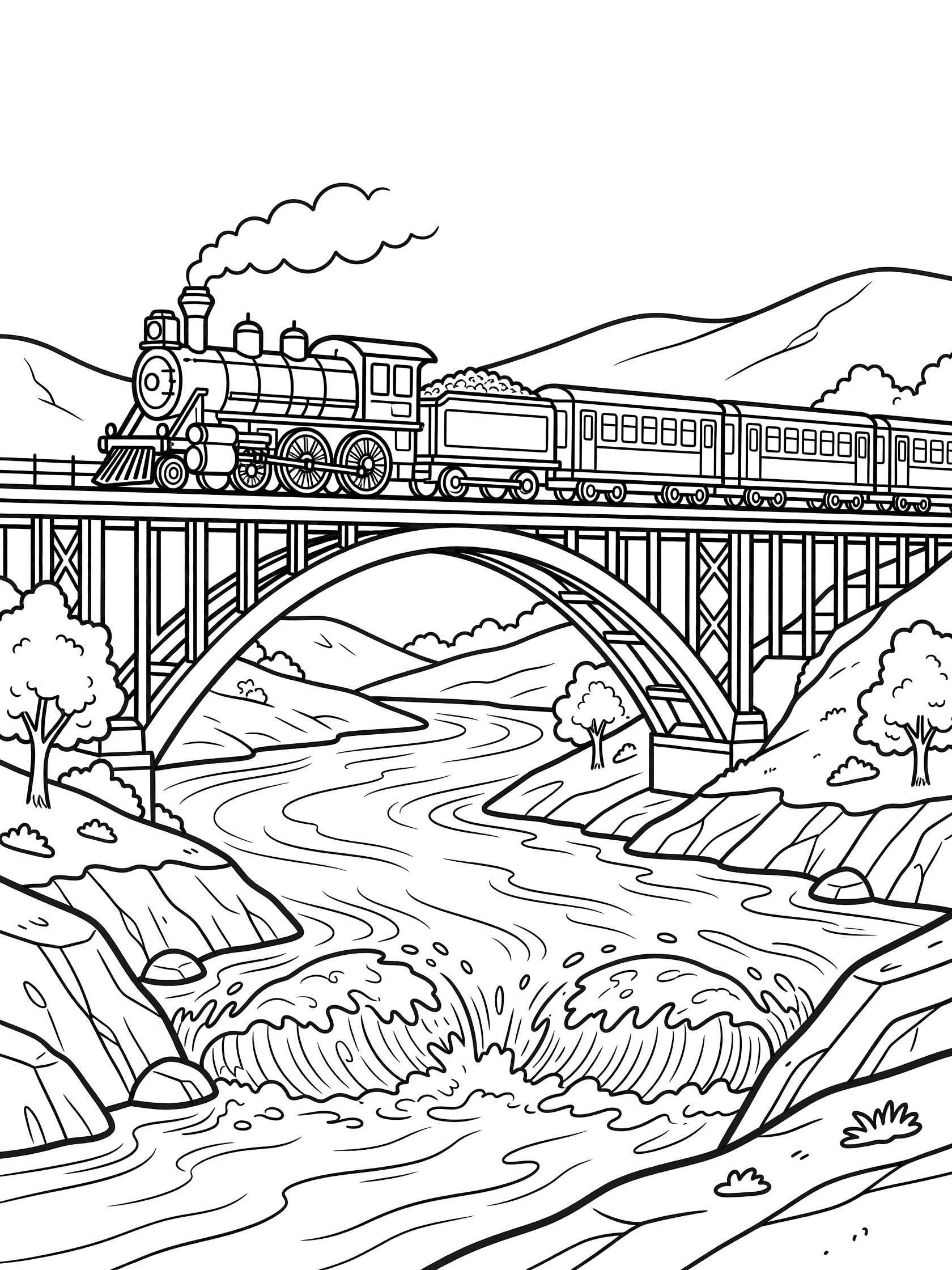 Black and white line art of a classic trains steam locomotive with smokestack and cars crossing a tall arched bridge over a wide river with crashing waves, rocky banks, trees, hills, and clear sky.