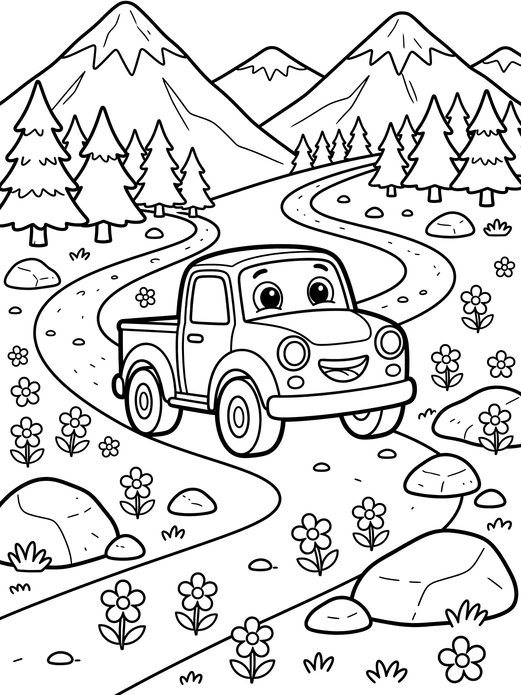 Cute kawaii classic truck with sparkling eyes, happy smile, and big wheels driving up a curvy mountain road surrounded by pine trees, boulders, wildflowers, and distant snow-capped mountains line art coloring page