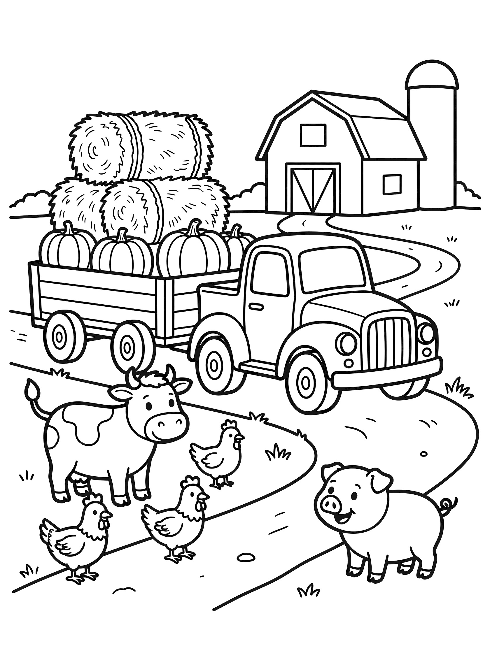 Black-and-white line art of a classic truck with wooden trailer loaded with hay bales and pumpkins driving on a dirt path through a farm with cow, pig, chickens, barn, and silo.