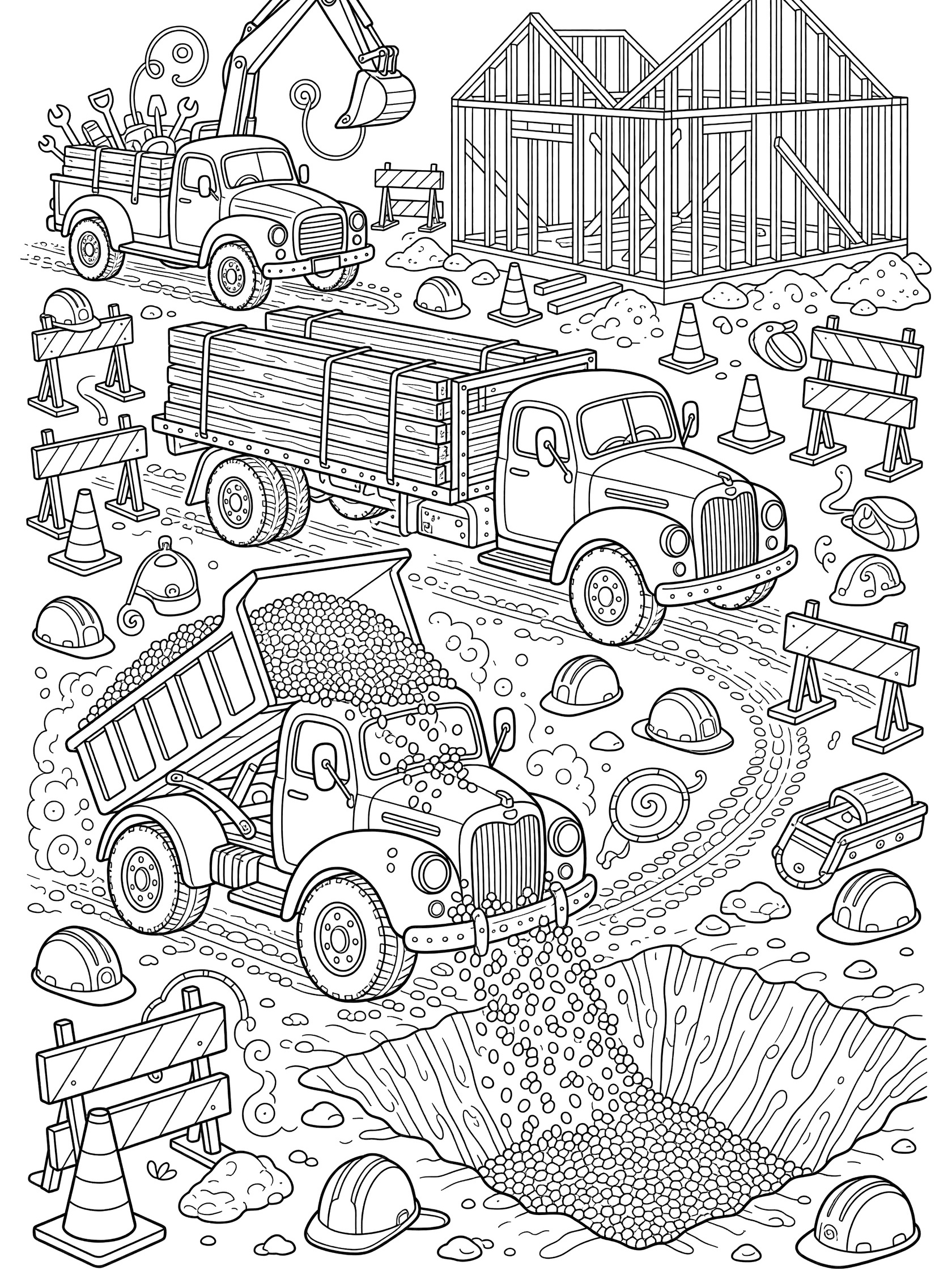 Black-and-white coloring page of classic trucks at a construction site with dump truck pouring gravel, flatbed truck with beams, pickup truck, excavator, cones, and barricades.