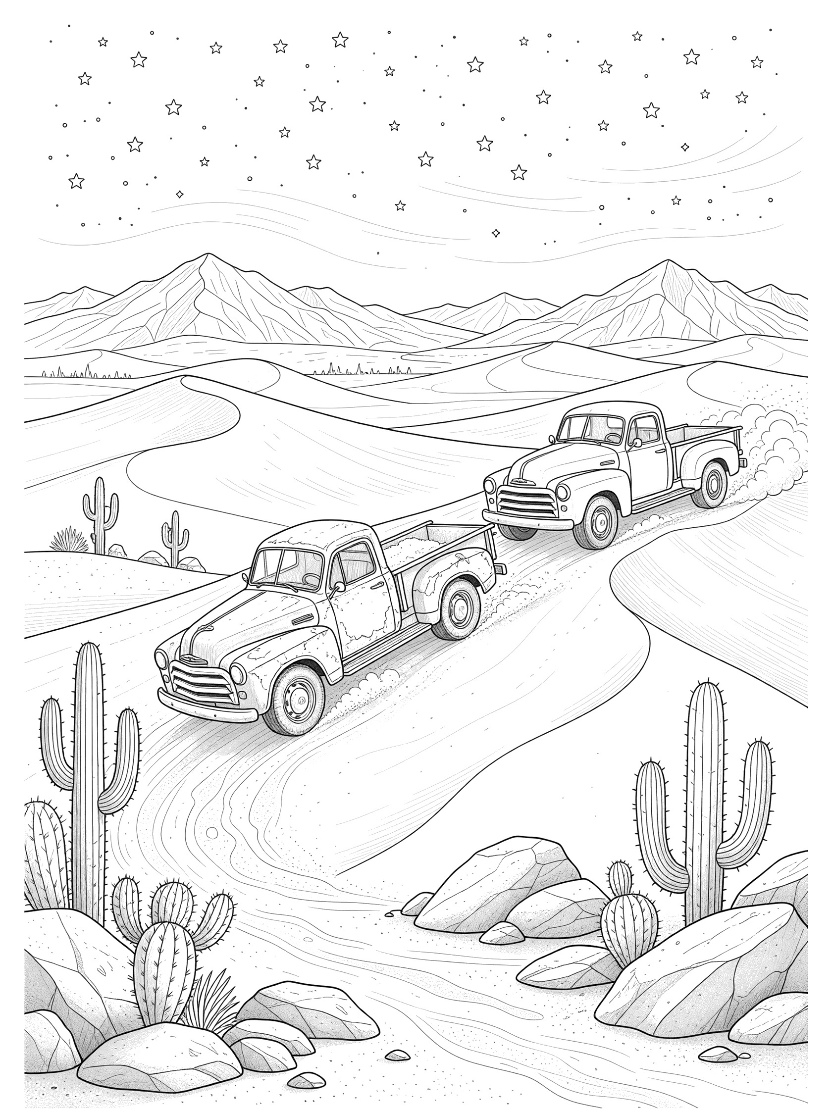 Black and white line art of two classic vintage trucks on a desert journey, climbing dunes under stars with cacti and mountains