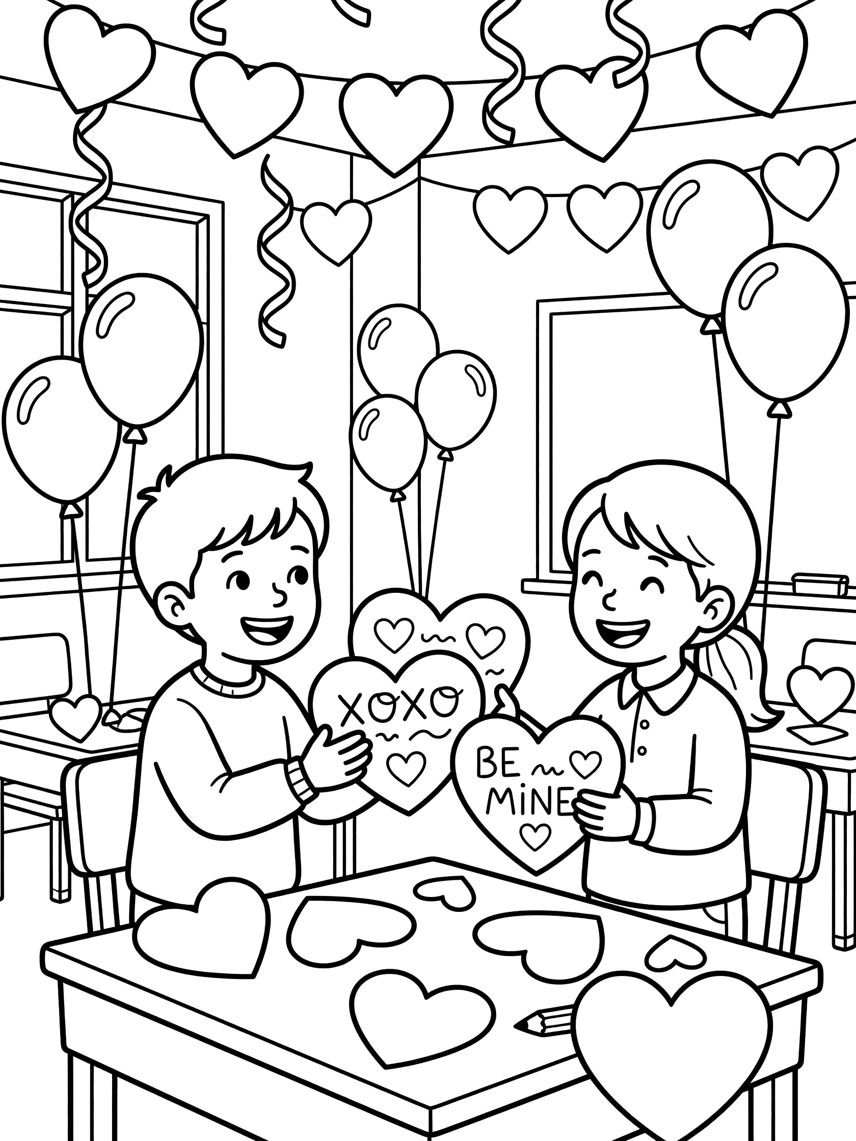 Black and white line art coloring page showing two happy children trading colorful heart valentines in a Valentine's Day decorated classroom with hanging hearts, balloons and streamers.