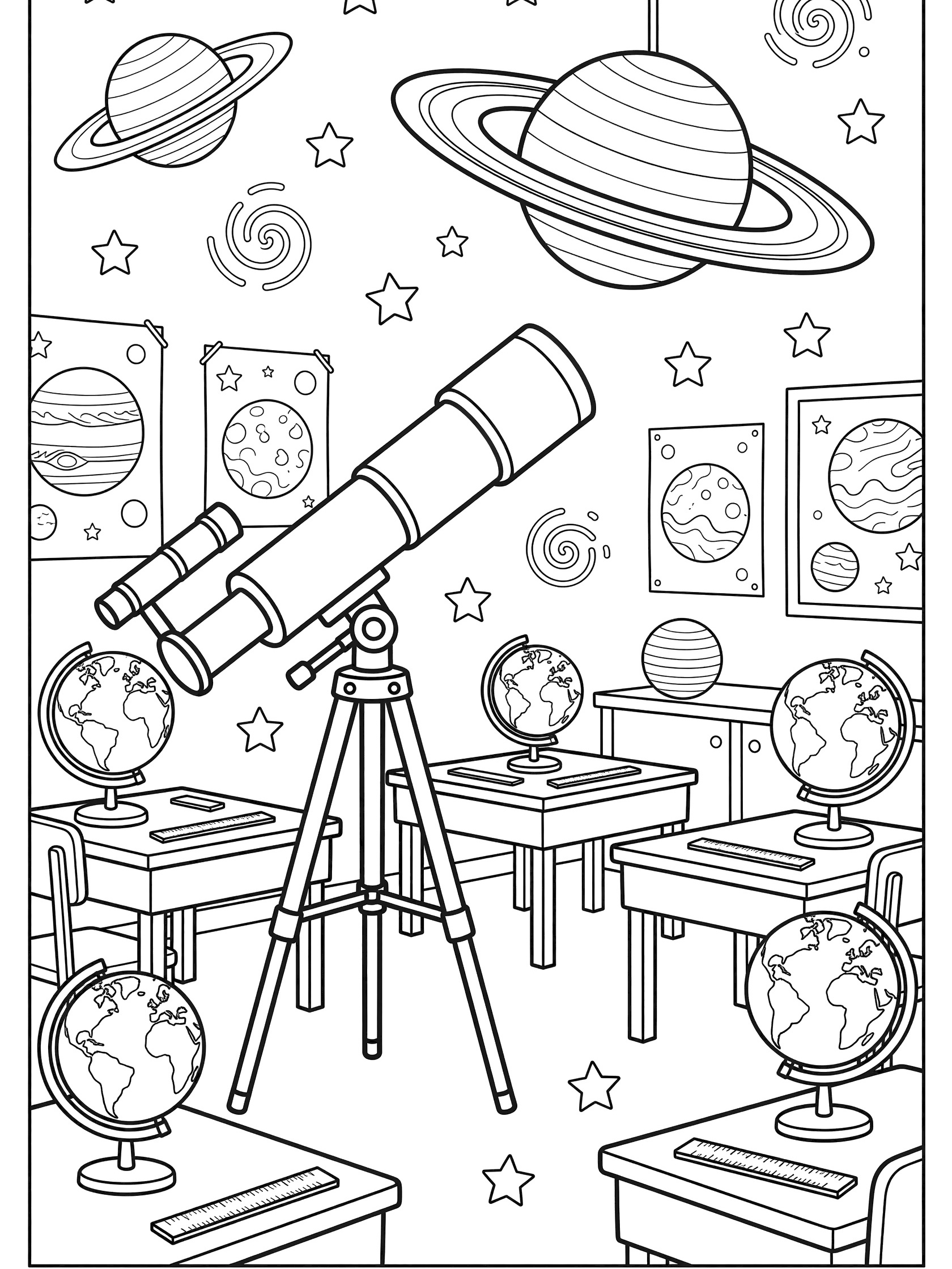 Line art coloring page showing a tripod telescope aligned with a Saturn planet model in a classroom full of globes, desks, and planet posters on the walls.