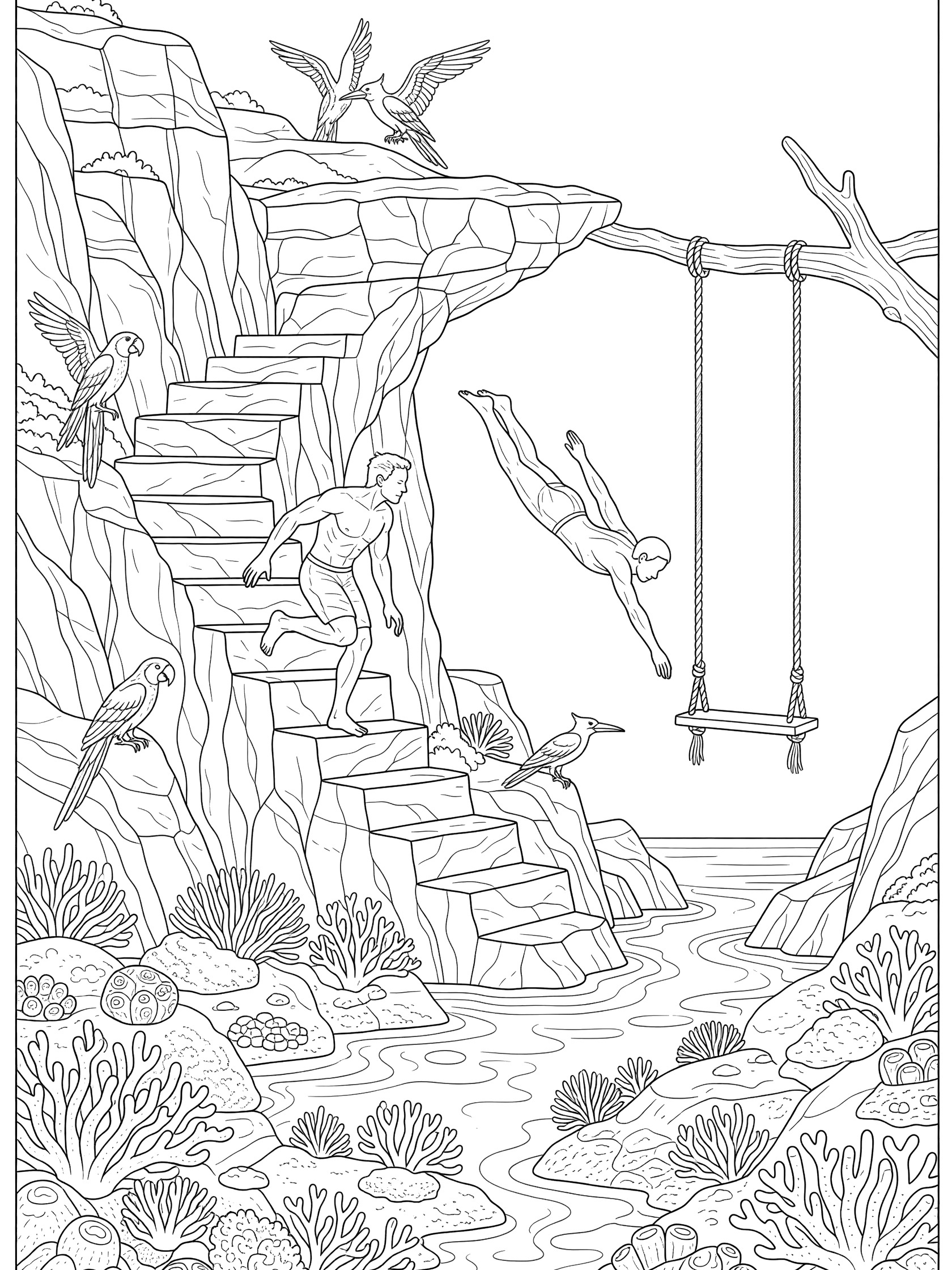 Black and white line art of cliff diving: muscular swimmer climbs natural stone stairs on rugged cliff, launches into pencil dive toward clear lagoon with coral reefs below, exotic birds on ledges, rope swing nearby.