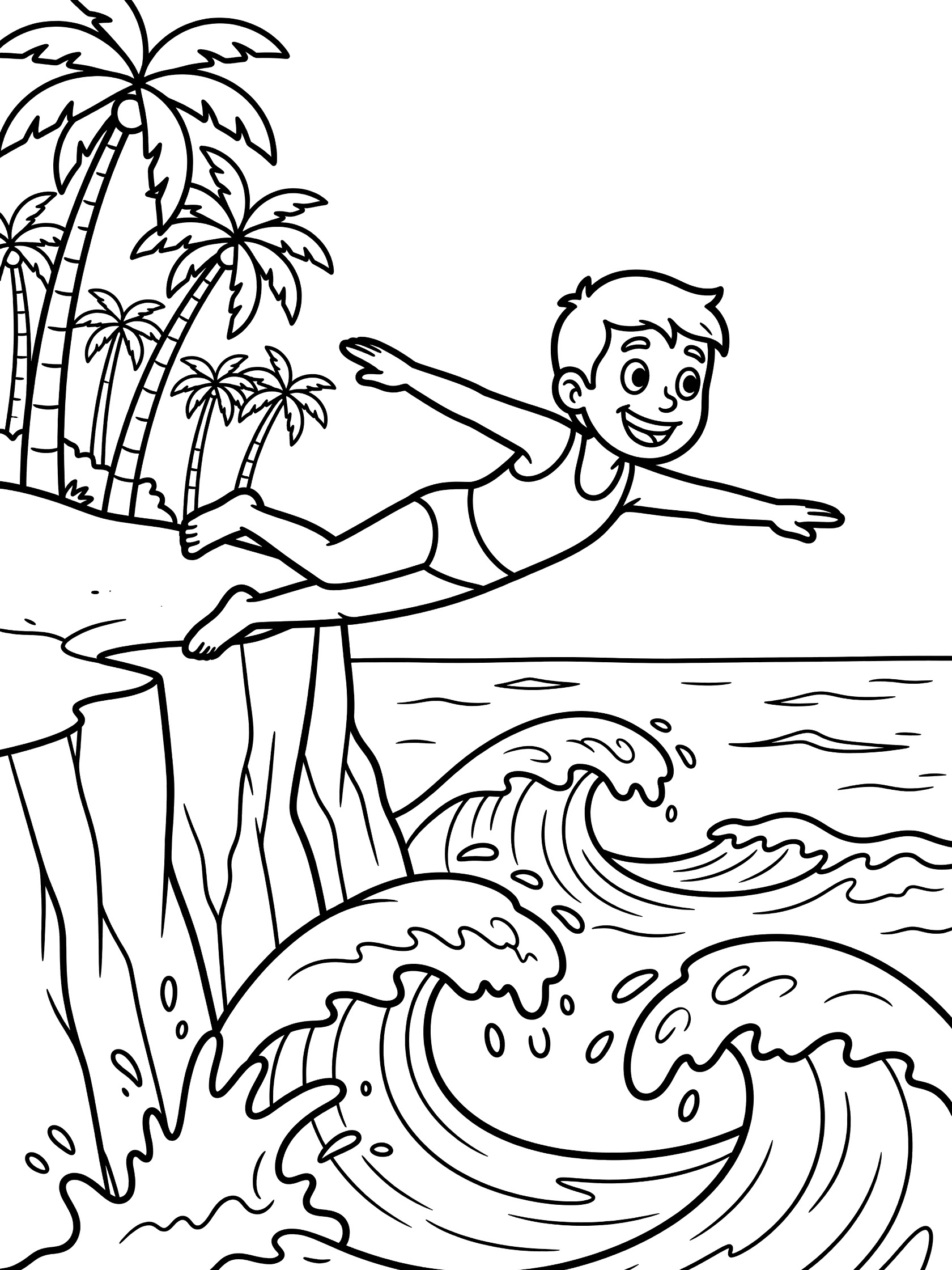 Cartoon boy leaping off tropical cliff diving into blue ocean waves with palm trees and crashing surf, cliff diving coloring page