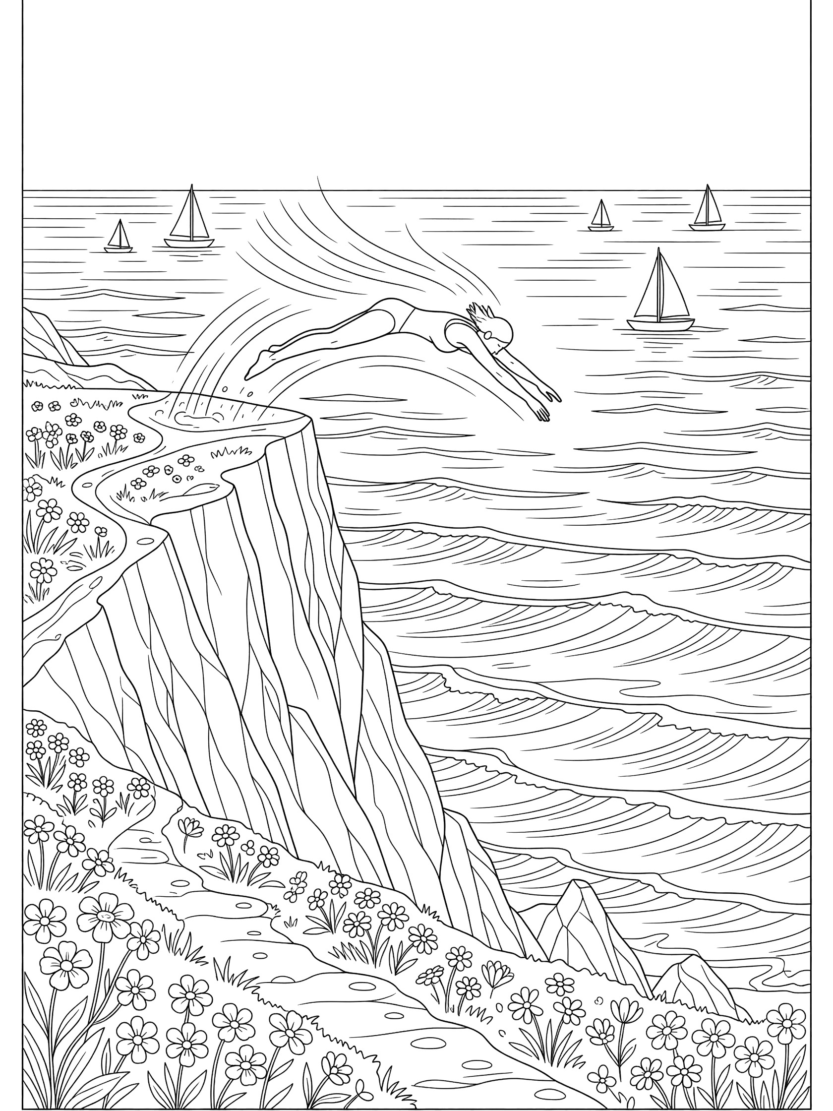 Black and white line art of a cliff diver stretching arms in a swan dive from a seaside cliff toward ocean horizon with sailboats, waves, and cliffside wildflowers.