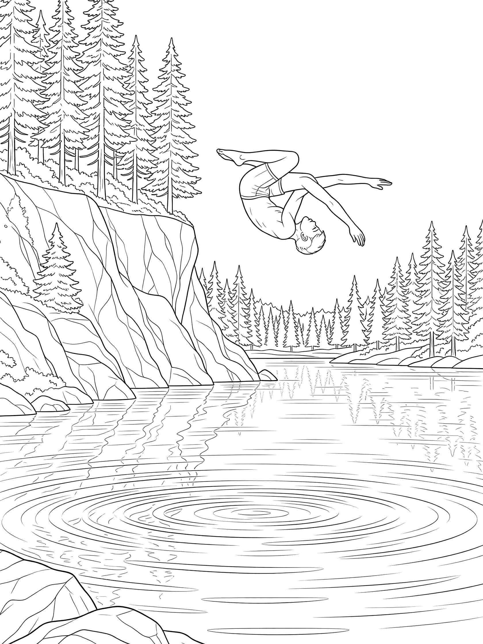 Black-and-white line art of a cliff diving somersault: diver tucks legs and twists arms mid-air from forested cliff toward rippling lake.