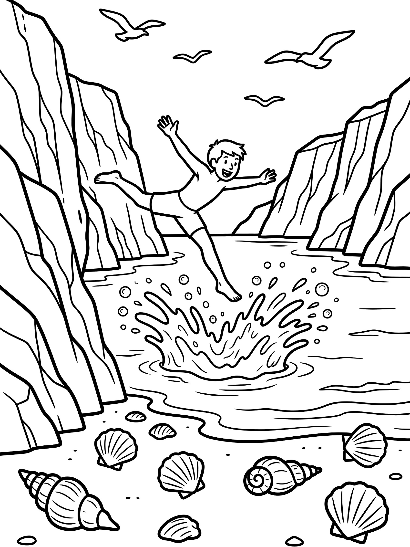 Black and white line art of cliff diving with a boy diving feet-first making a big splash in a cove, seabirds flying above cliffs and seashells on the beach.