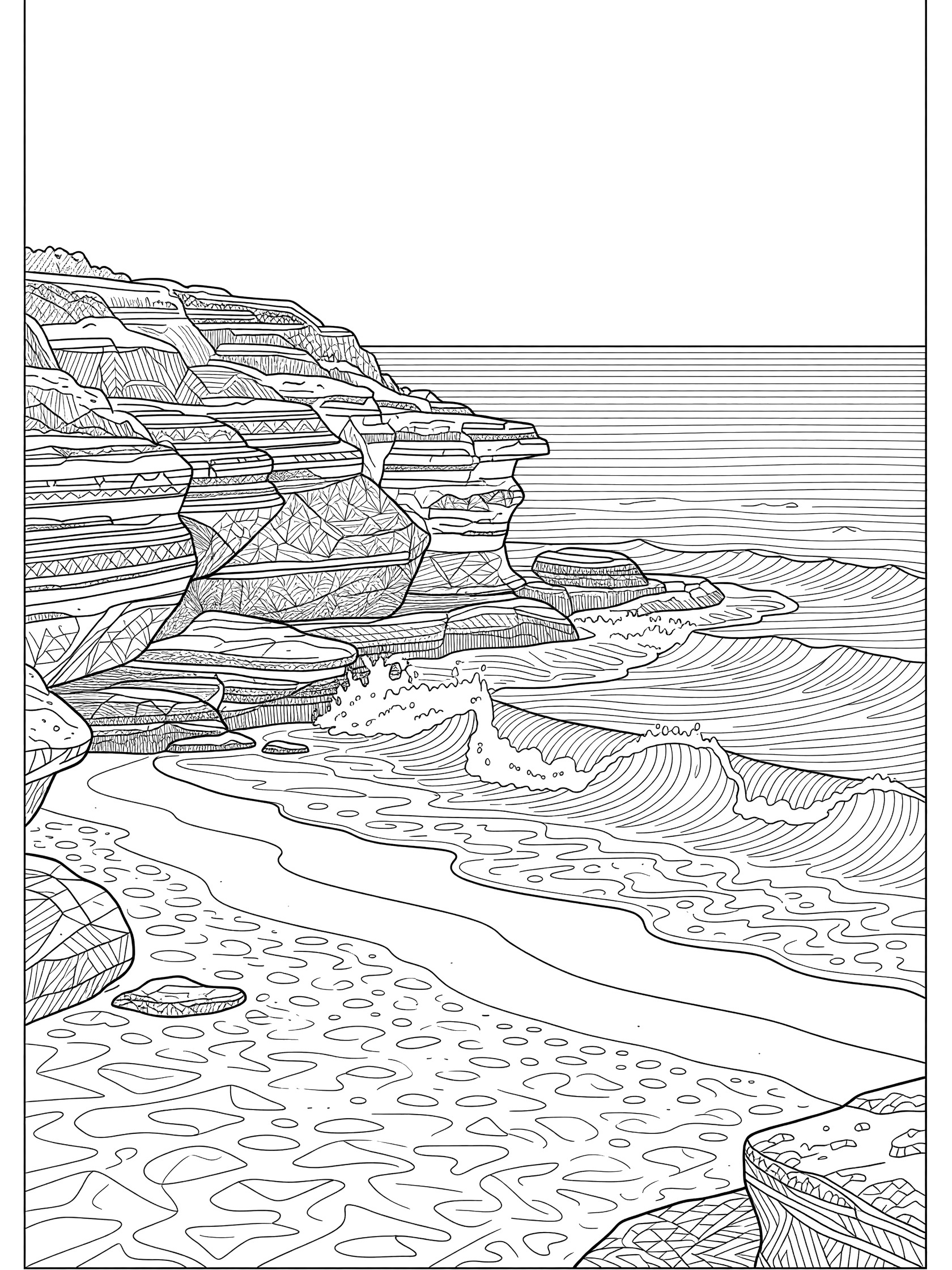 Black and white line art coloring page showing rugged layered cliffs overlooking sandy beach with ocean waves breaking at the base. Bondi Beach themed black and white printable line art