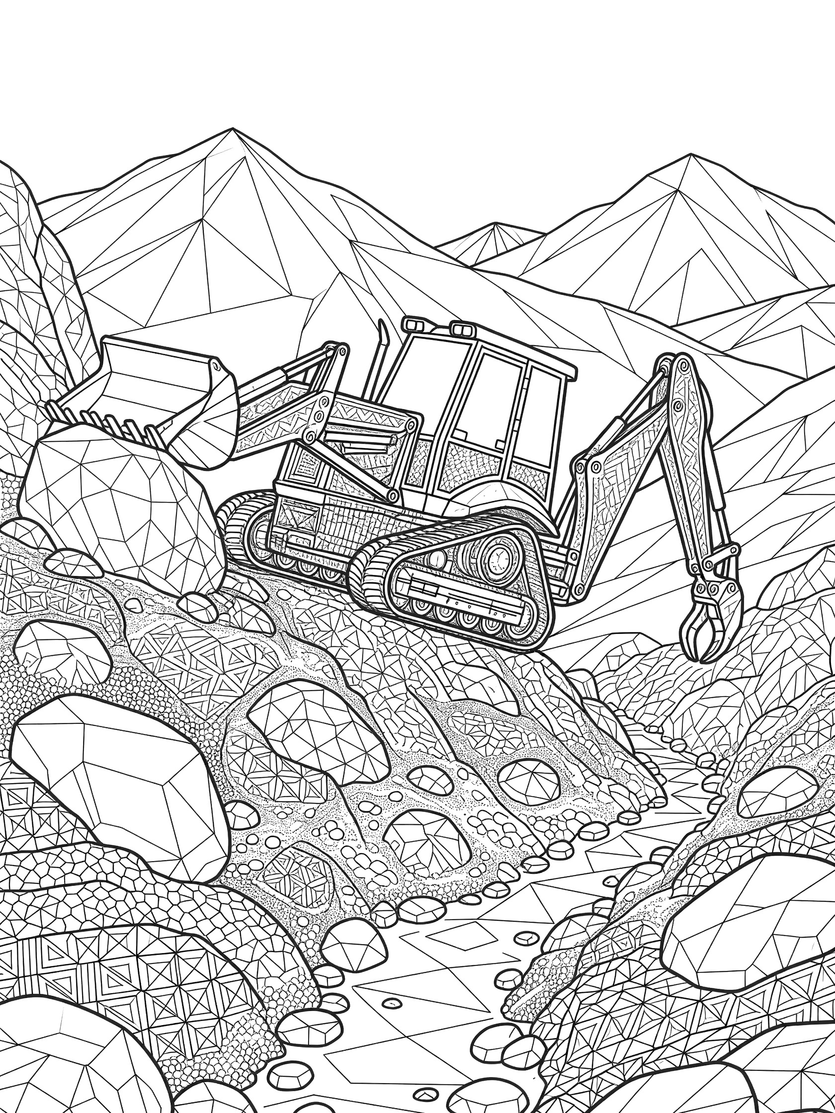 Black and white line art of a backhoe scaling a rocky hillside with front bucket gripping a boulder and rear arm hooked into terrain, surrounded by geometric rocks and distant hills.