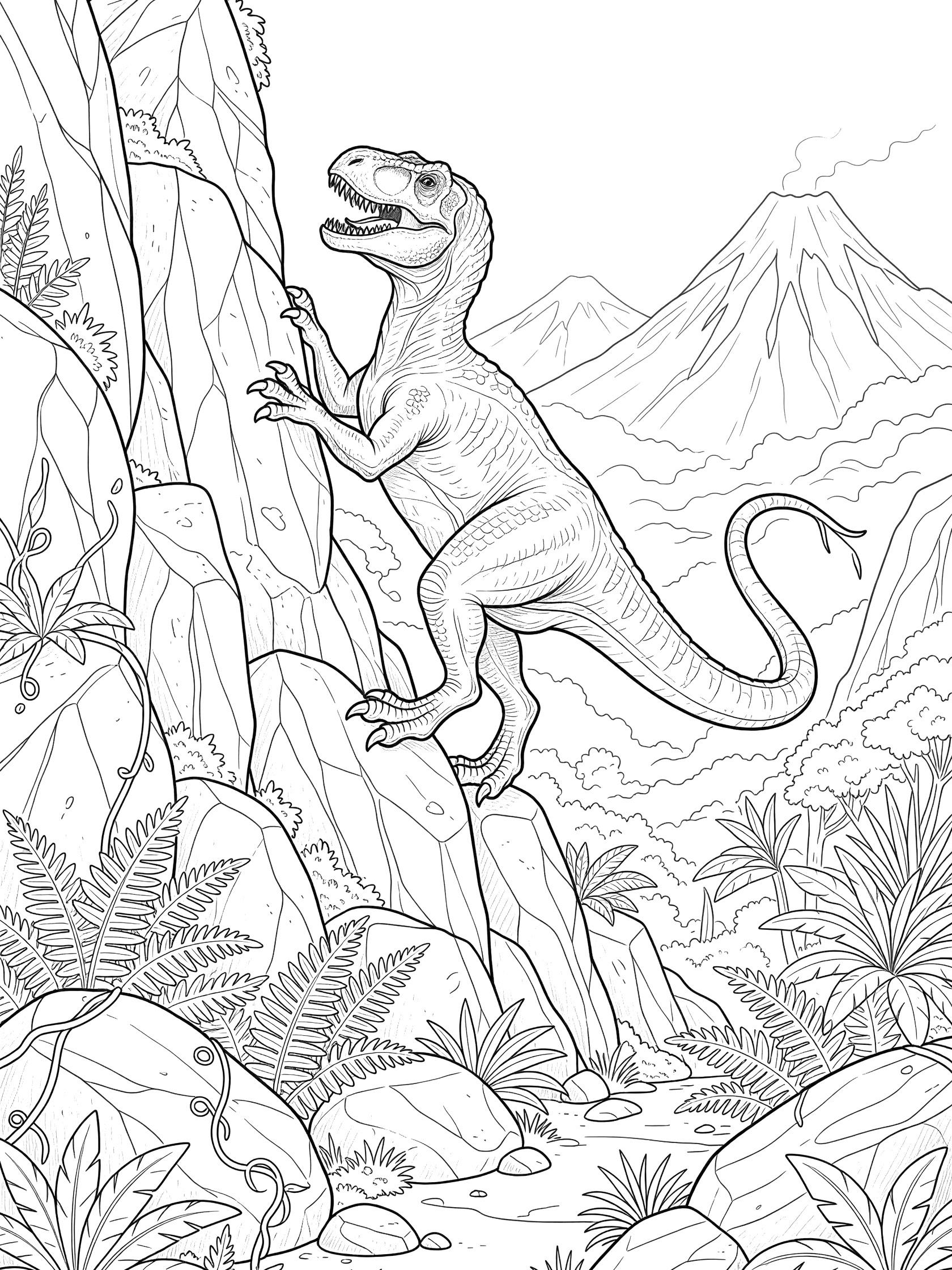 Black and white line art of an Allosaurus dinosaur climbing a tall rocky cliff, grinning with claws gripping jagged stones, surrounded by lush ferns, vines, and distant volcano in prehistoric scene.