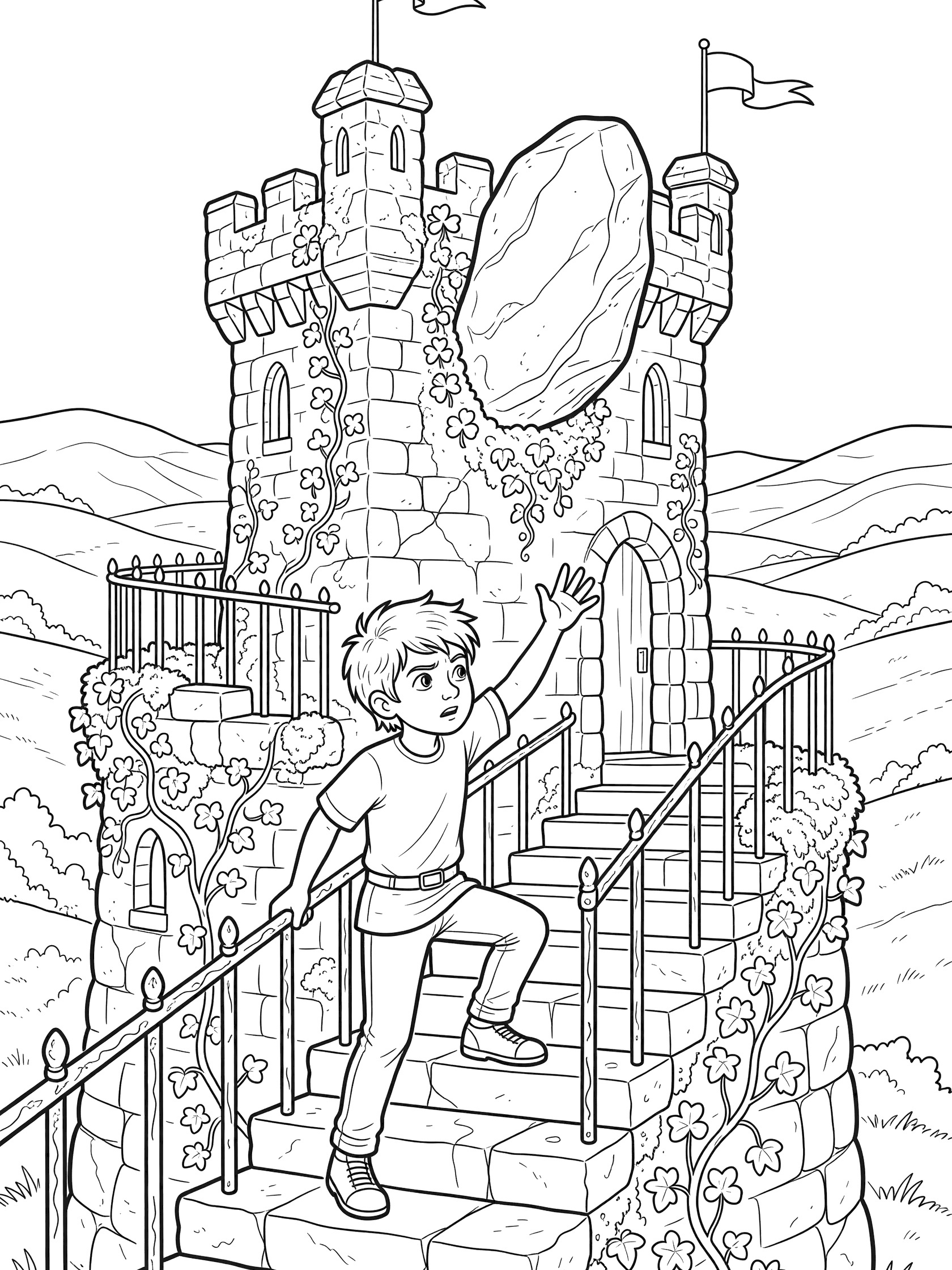 Line art coloring page showing a young adventurer climbing up ancient steps and iron railings toward the Blarney Stone on Blarney Castle tower, with ivy vines, shamrocks, arched windows, flags, and distant green hills.