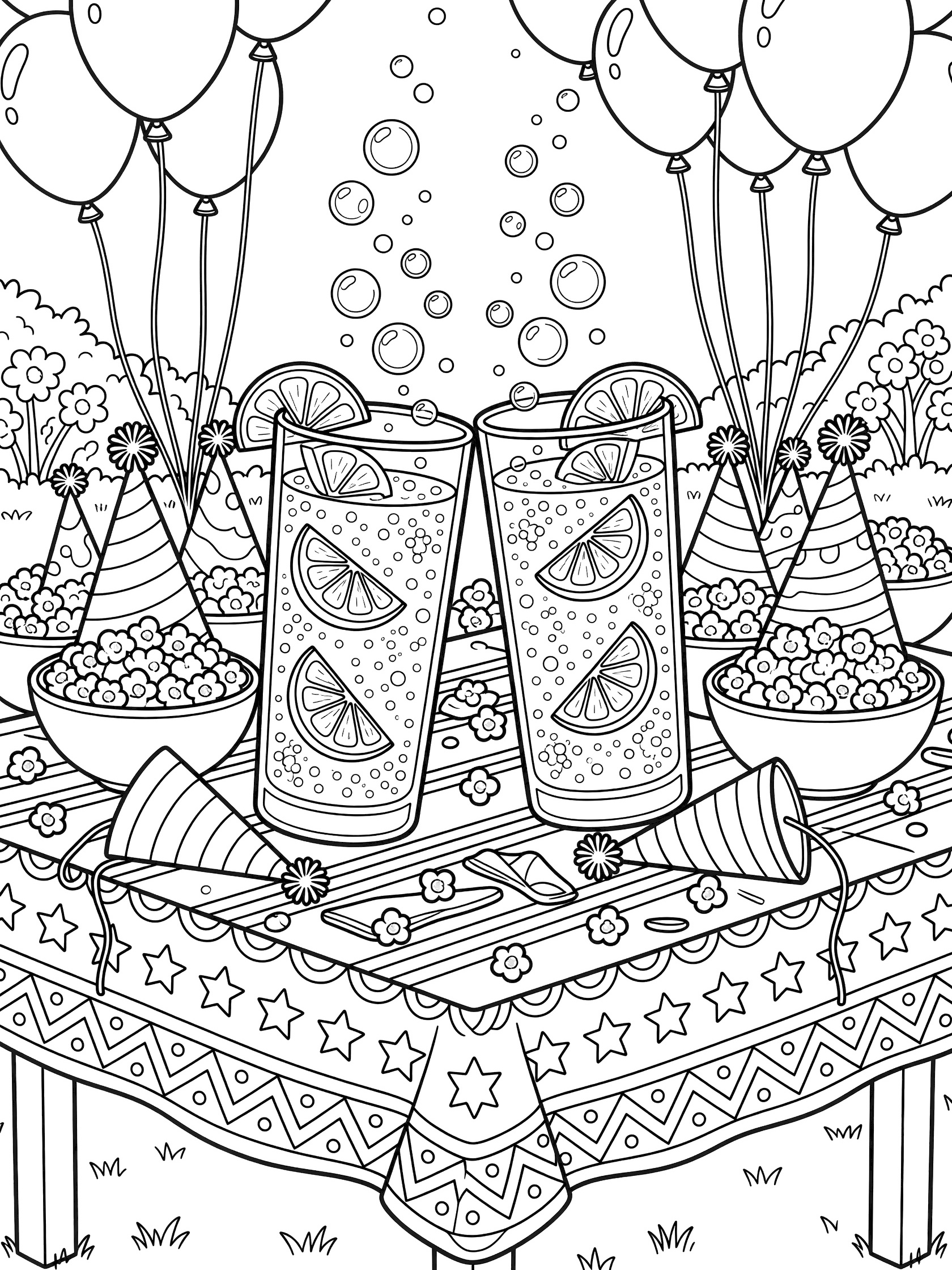 Black and white coloring page of two sparkling soda glasses with lemon wedges clinking at a backyard party table with popcorn, party hats, balloons, and garden background.