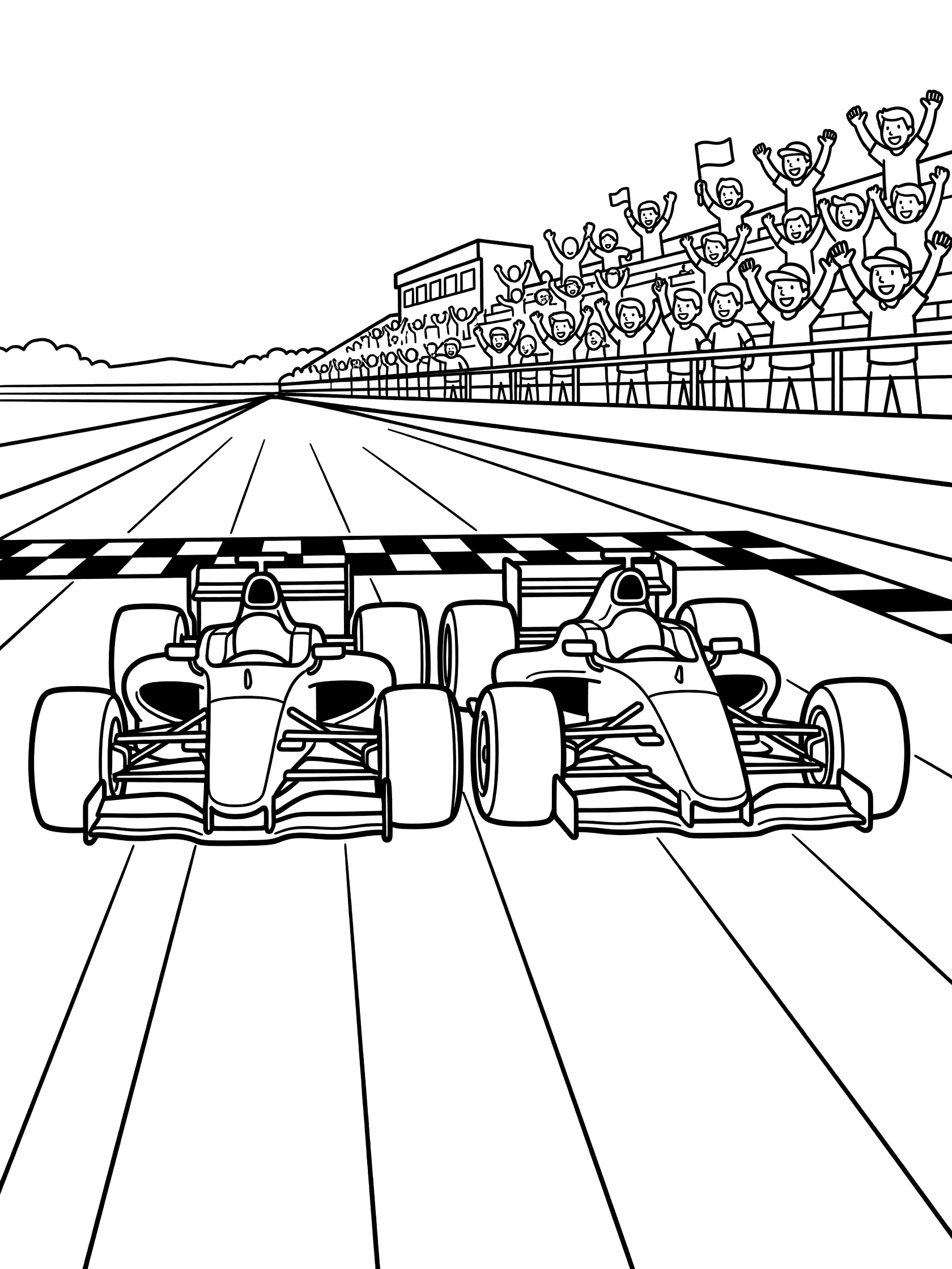 Black and white line art of two Indy race cars side by side racing to the checkered finish line on a speedway with spectators cheering in the stands.