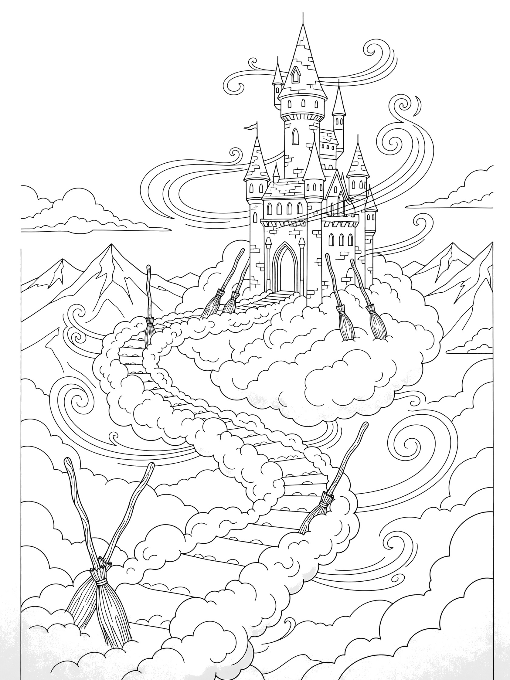 Black and white line art of a tall castle tower on clouds, connected by a puffy bridge with broomsticks and wind swirls in the sky, mountains below. Wizard Tower themed black and white printable line art