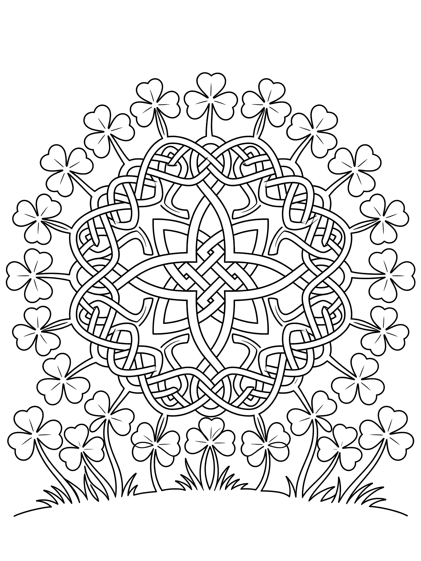 Symmetrical black and white line art coloring page of a Celtic knot made from intertwined four-leaf clovers on a grassy mound.