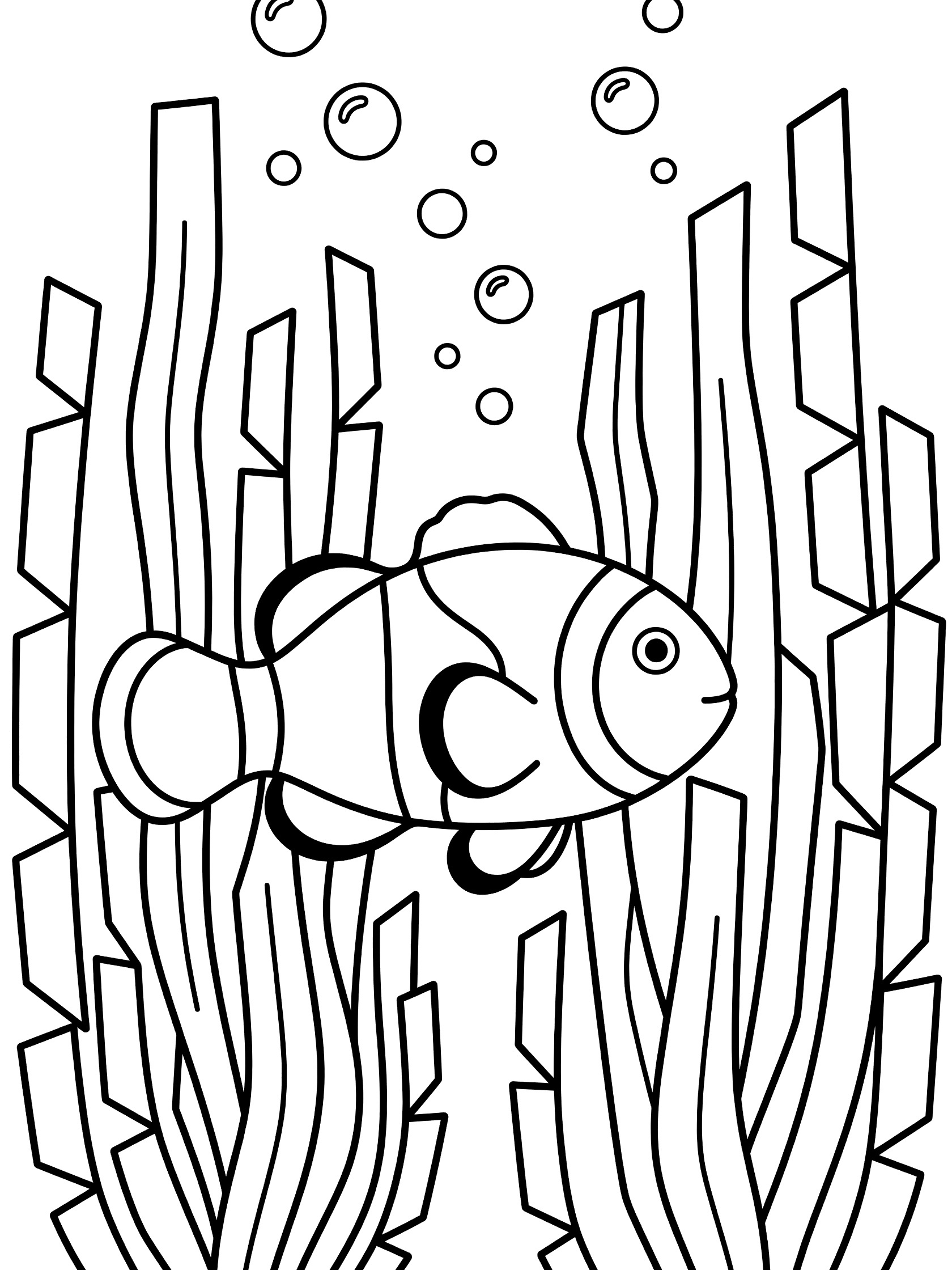 Black and white line art coloring page showing a clownfish weaving between tall geometric seaweed strands with simple bubbles above, on a pure white background.