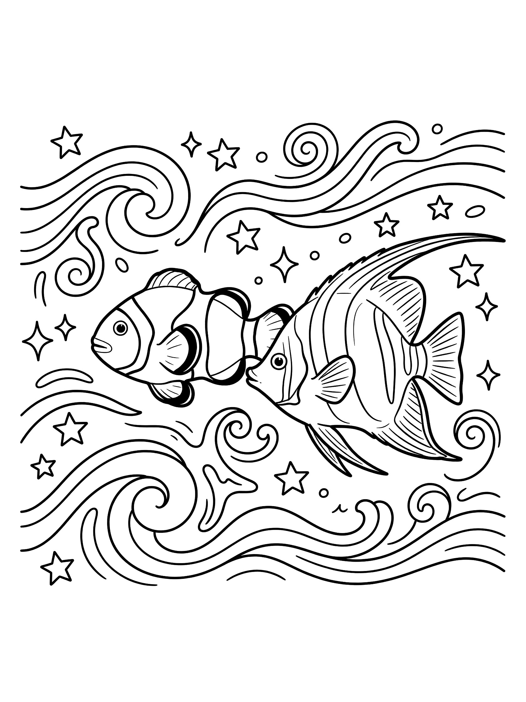 Printable coloring page showing a clownfish and angelfish with stripes, surrounded by wavy lines and star shapes on a white background.