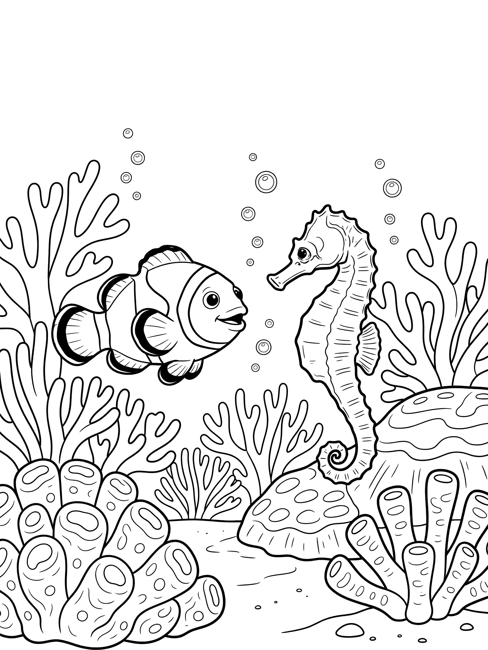Black and white line art coloring page showing a clownfish facing a seahorse in a coral reef with bubbles