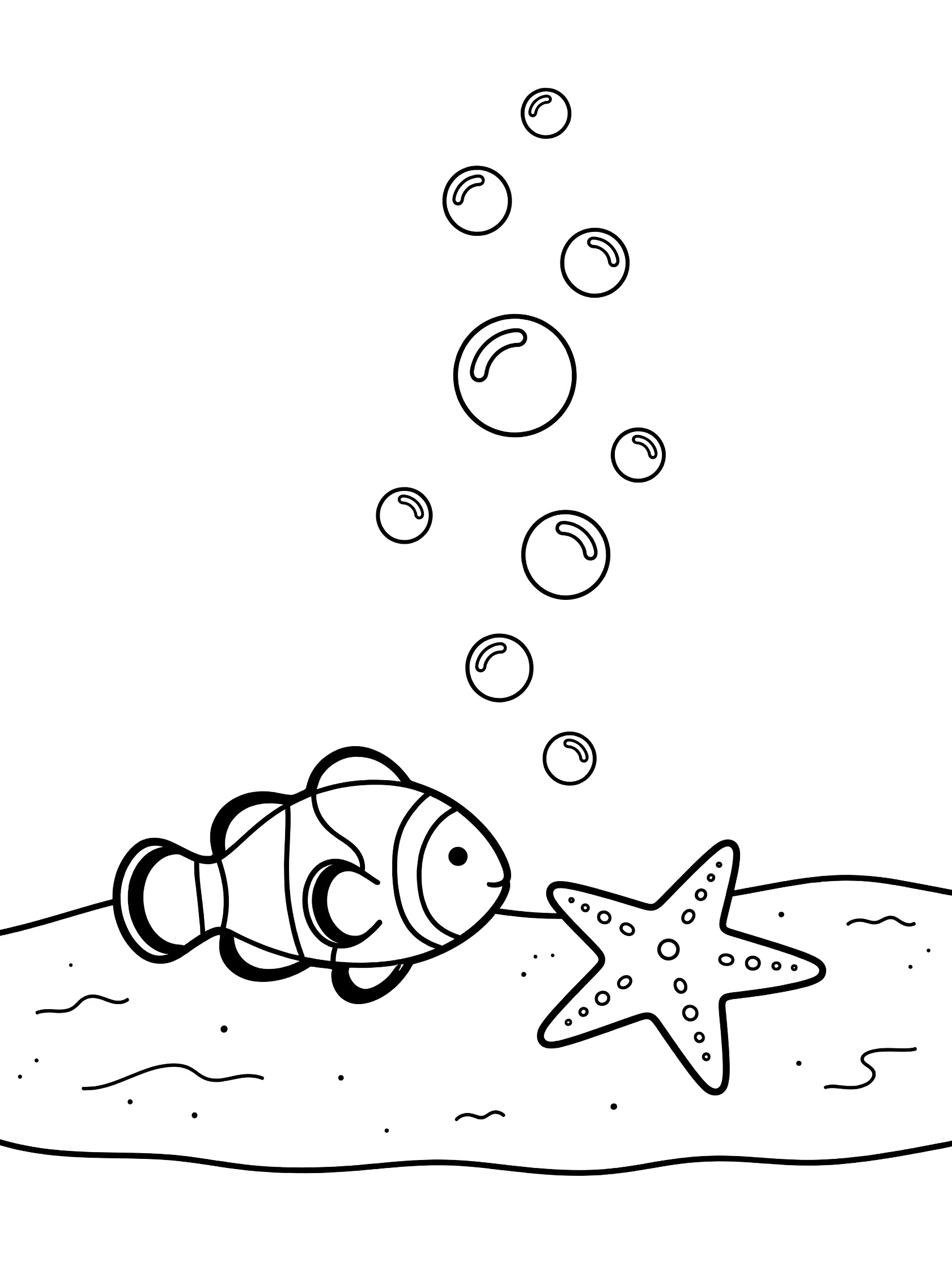Black and white line art coloring page showing a clownfish resting beside a spiky starfish on sandy ocean floor with bubbles rising up.