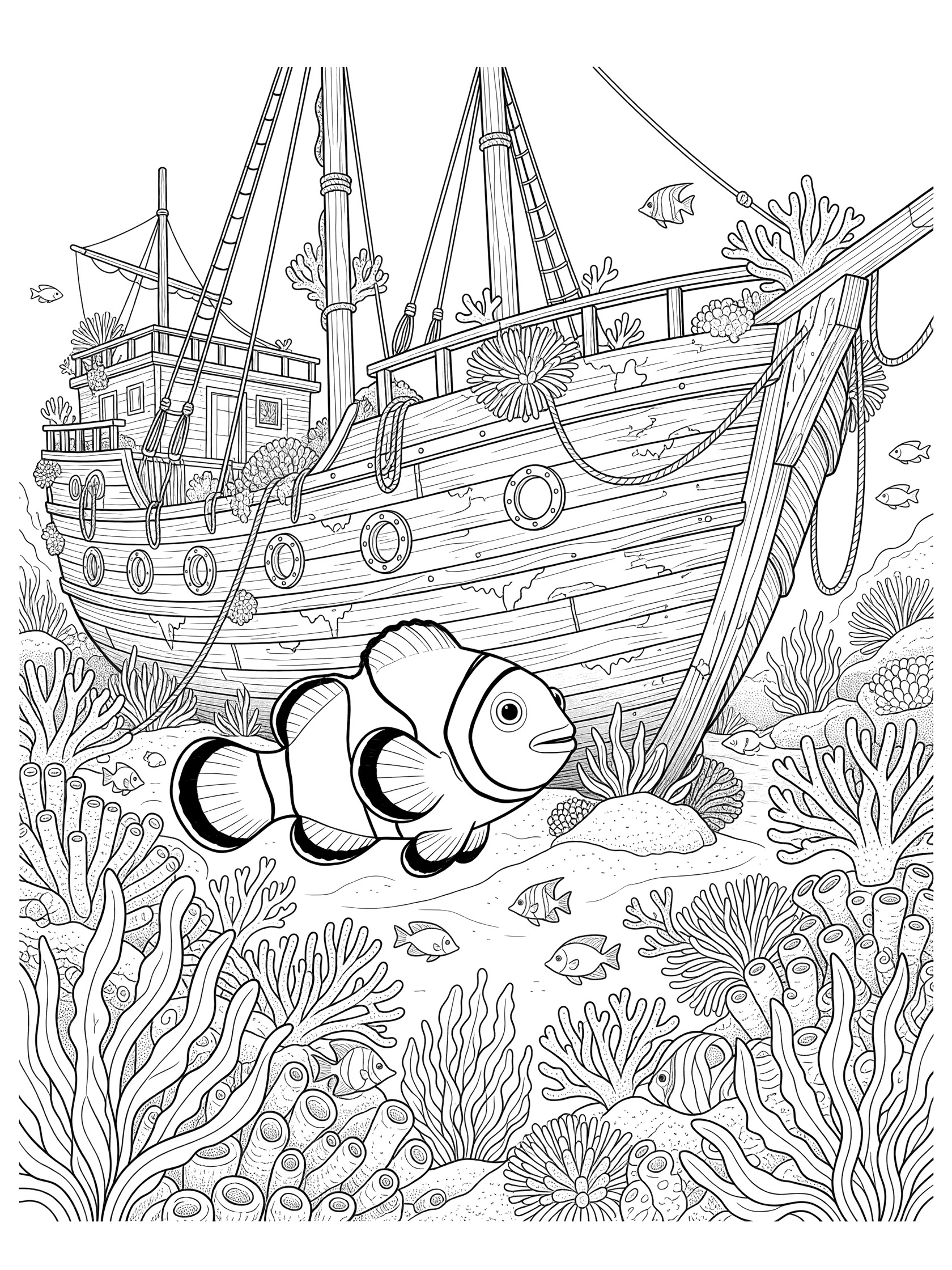 Black and white line art coloring page showing a striped clownfish swimming past a detailed sunken wooden shipwreck surrounded by coral reefs, seaweed, small fish and ocean details.
